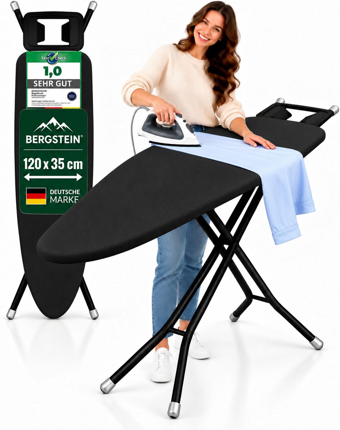 Bergstein Bügelbrett [120 x 35 cm] schwarz stufenlos höhenverstellbar 70-90 cm klappbar, Bügelfläche 120,00x35,00 cm, stufenlos 70-90 cm, …