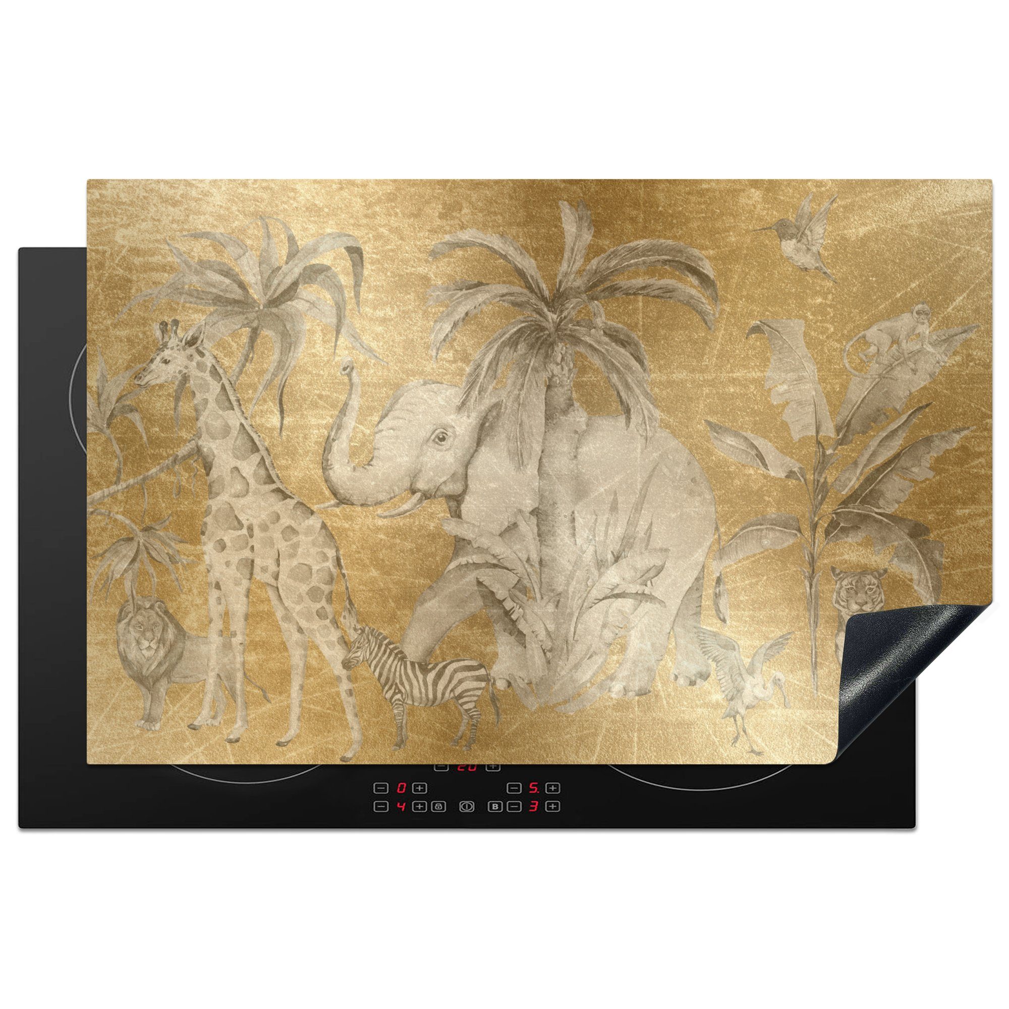 MuchoWow Herdblende-/Abdeckplatte Dschungel - Kinder - Gold - Tiere, Vinyl, (1 tlg), 81x52 cm, Induktionskochfeld Schutz für die küche, Ceranfeldabdeckung