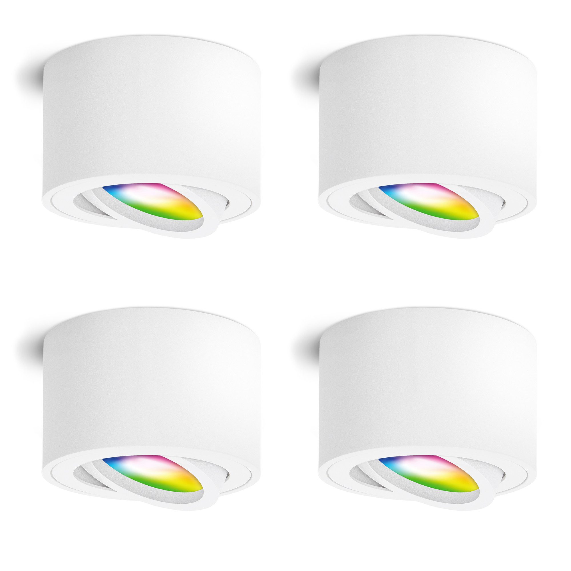 linovum Smarte LED-Leuchte 4er Set Aufbaustrahler SMOL schwenkbar weiss & rund mit Smarthome RGB, Smart