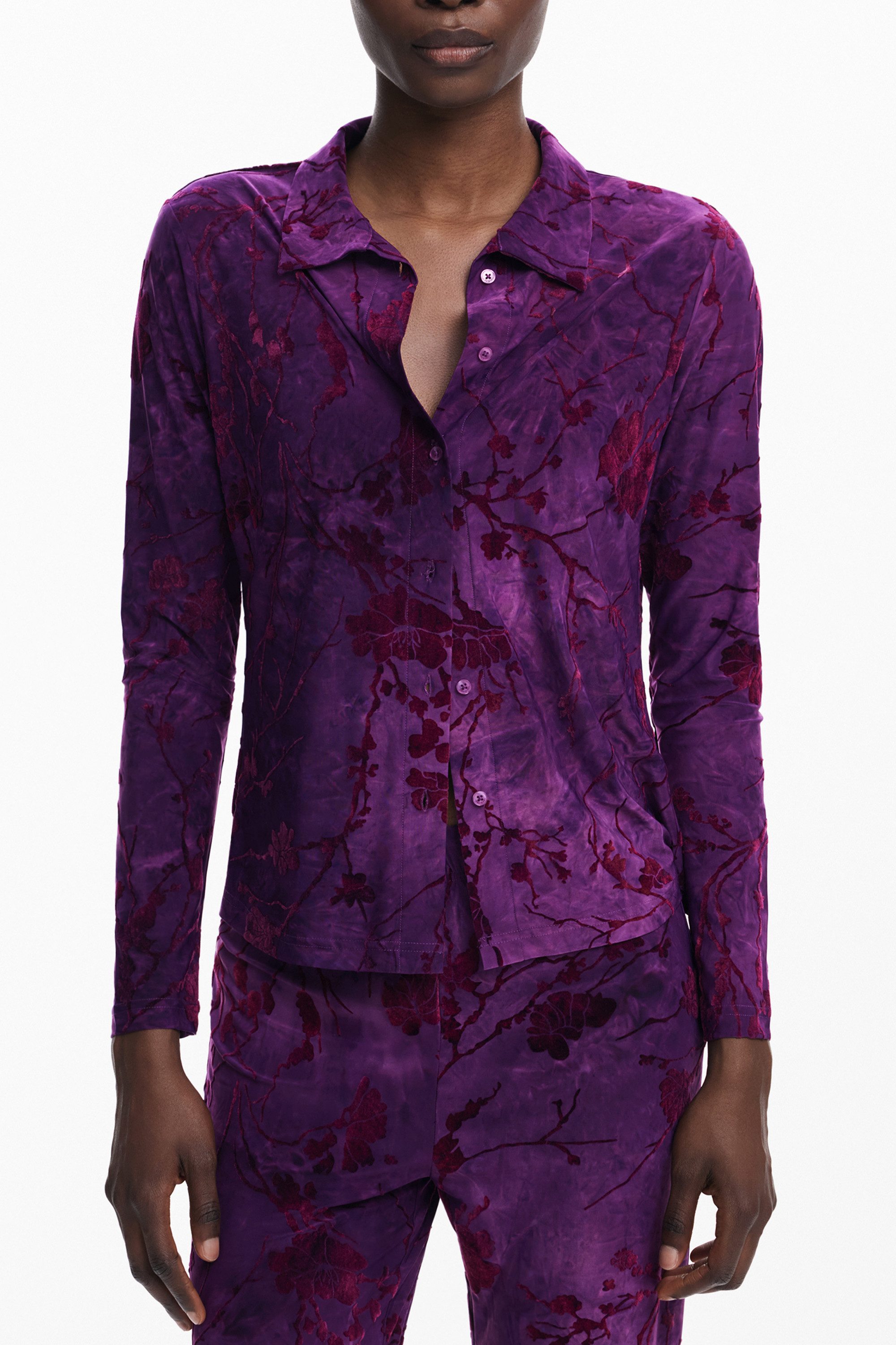 Desigual Blusenshirt Violettes Damen Langarmhemd mit Kontrastdetails und