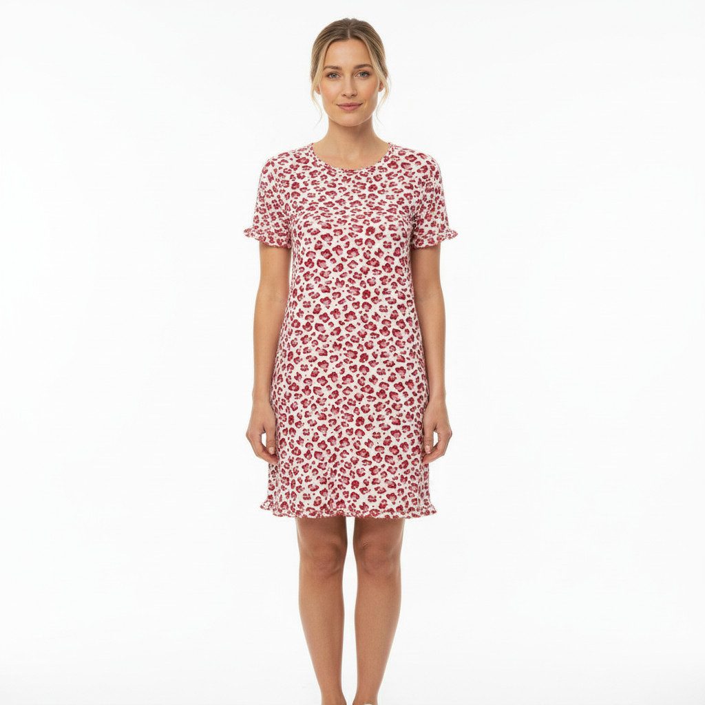 Ringella Nachthemd - Kurzarm Bigshirt im Animaldessin mit Rüschenverzierung Viskose/Elasthan-Mischung