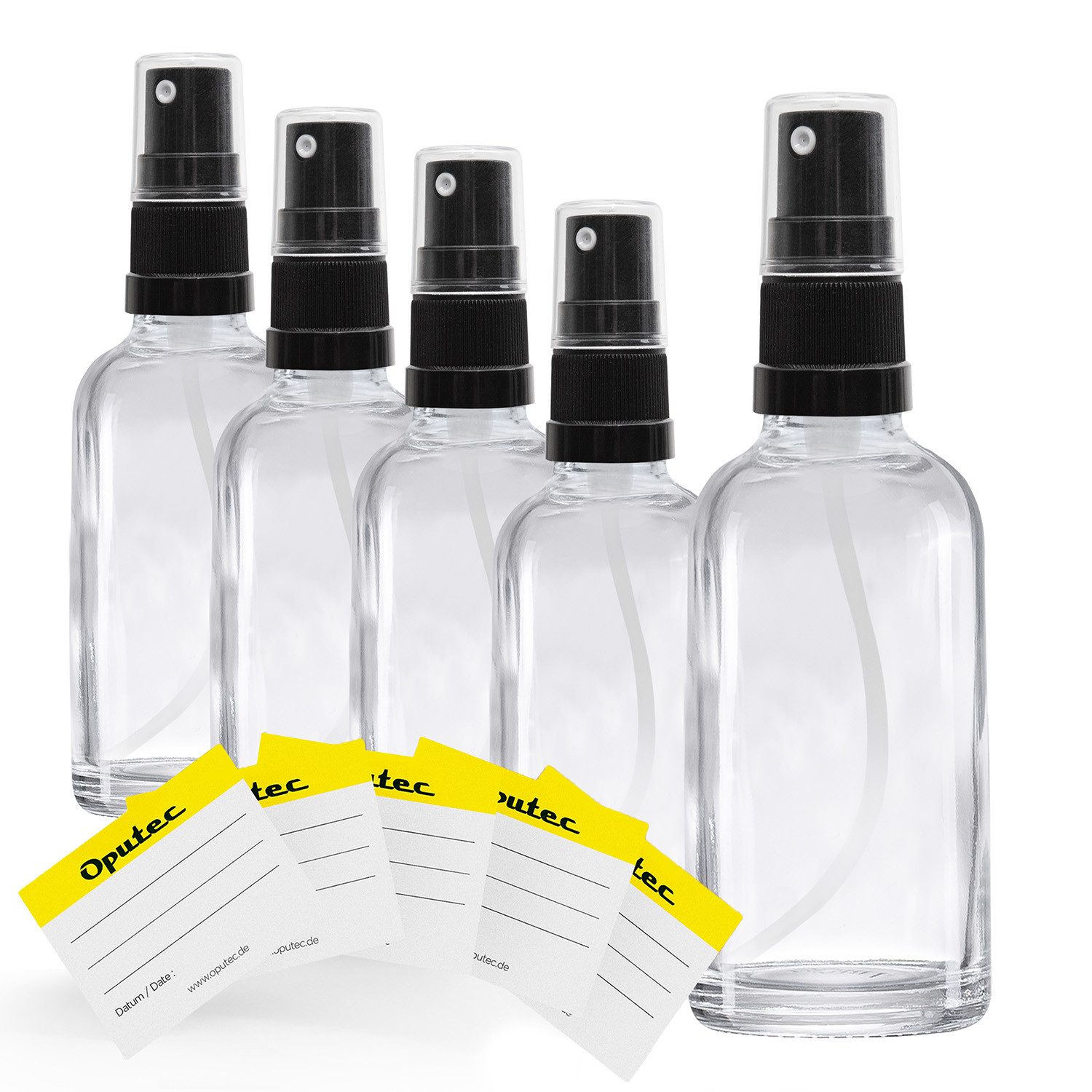 Oputec Zerstäuberflasche 5 x 30ml Klarglas-Sprühflaschen, Pumpspray mit Zerstäuber + Etiketten (Sparset, 5 x 30ml)