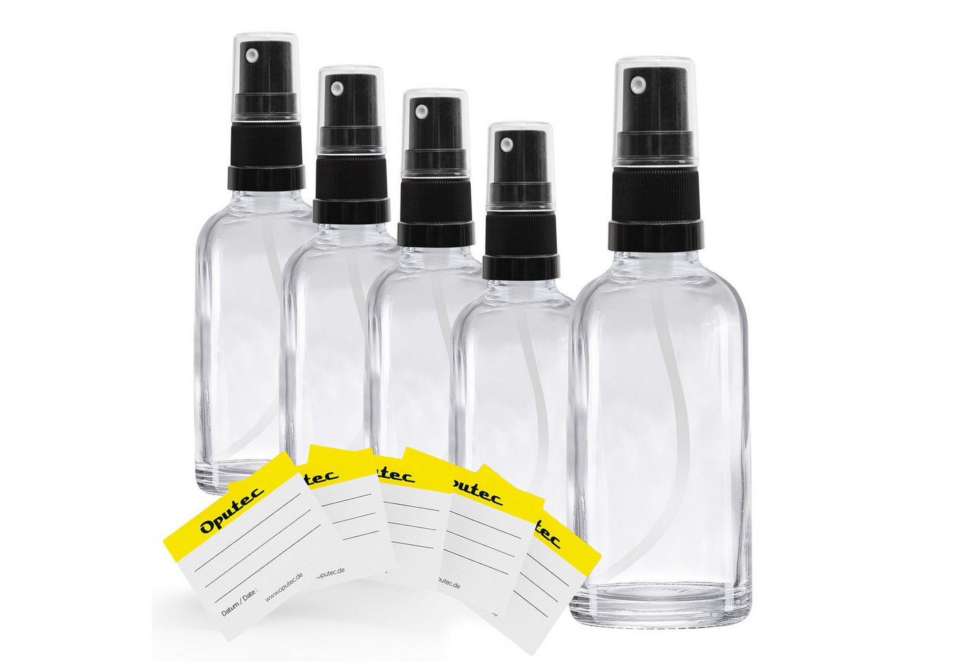 Oputec Zerstäuberflasche 5 x 30ml Klarglas-Sprühflaschen, Pumpspray mit Zerstäuber + Etiketten (Sparset, 5 x 30ml)