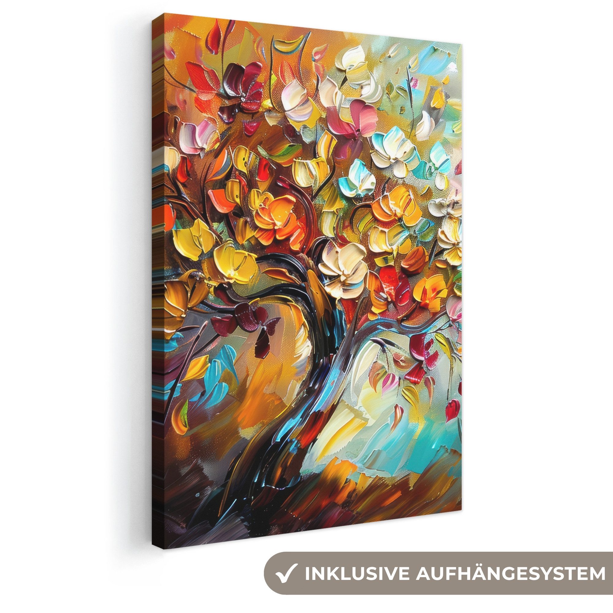 OneMillionCanvasses® Leinwandbild Baum - Abstrakt - Farbenfroh - Blumen, Fotodruck (1 St), Leinwand Canvas Wandbild, Wanddekoration 20x30 cm
