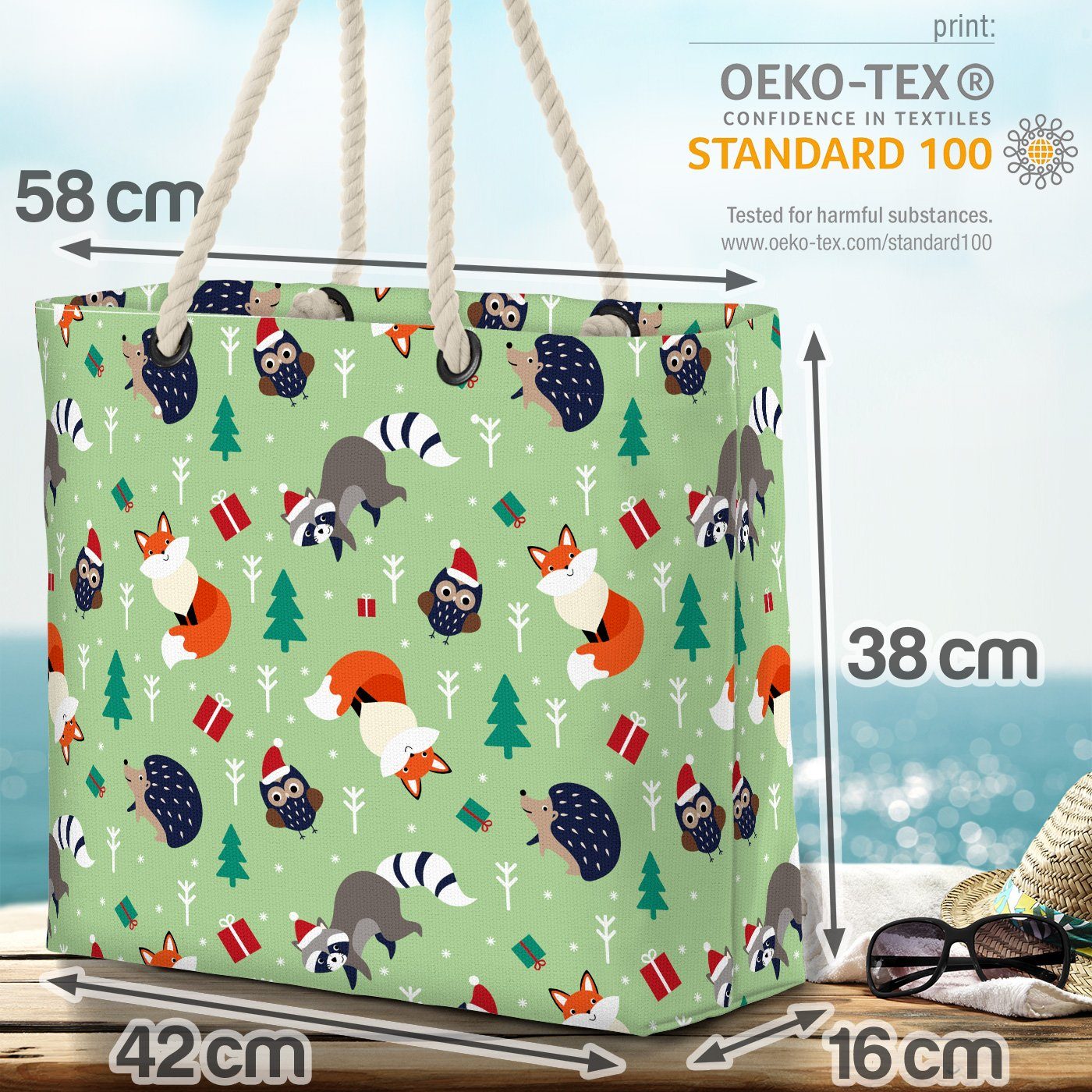 Weihnachten Fuchs Kinder Tiere Waldtiere VOID Eule Beach Bag Igel (1-tlg), Märchen Strandtasche Waschbär
