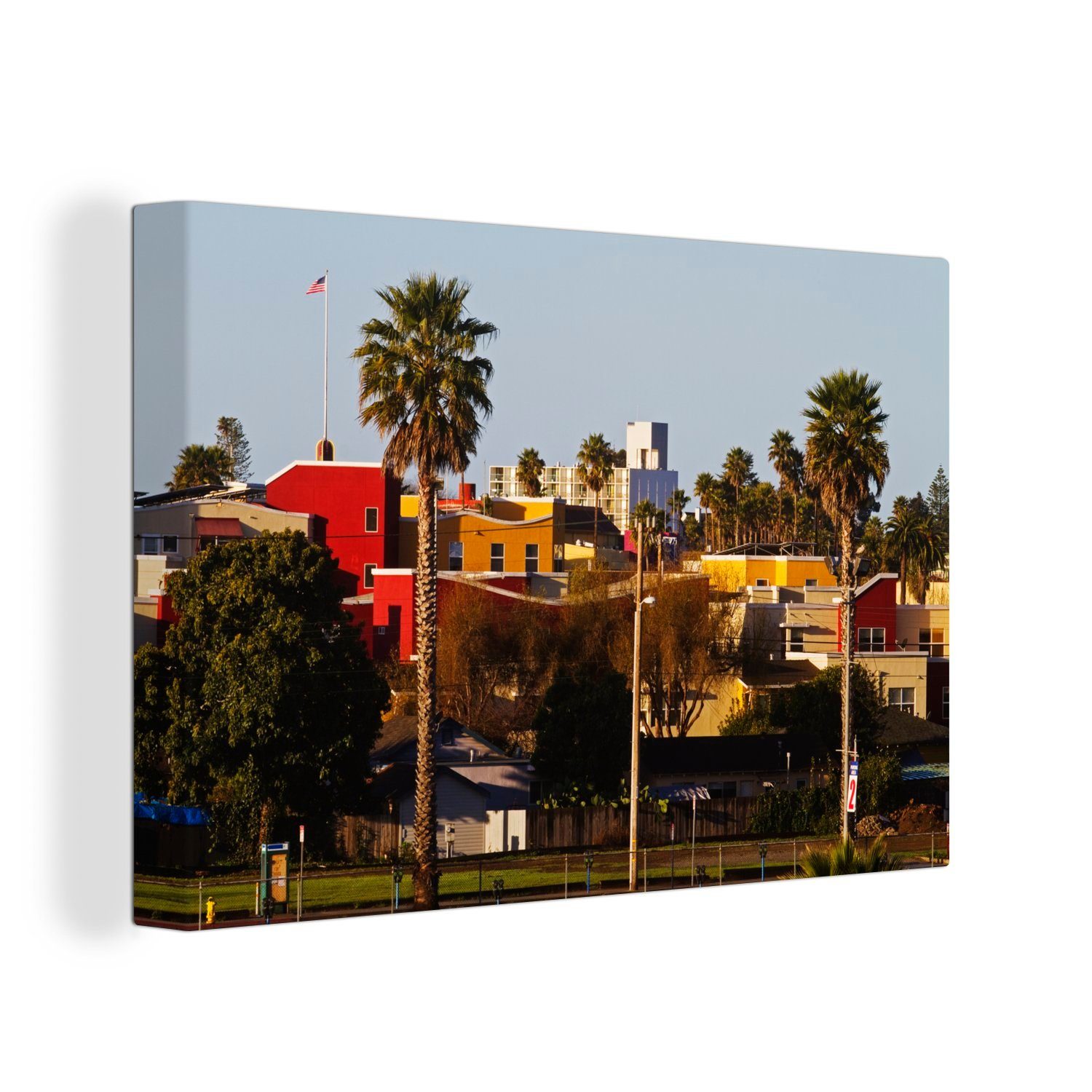 OneMillionCanvasses® Leinwandbild Bunte Häuser und Palmen in Santa Cruz, Kalifornien, (1 St), Wandbild Leinwandbilder, Aufhängefertig, Wanddeko, 30x20 cm
