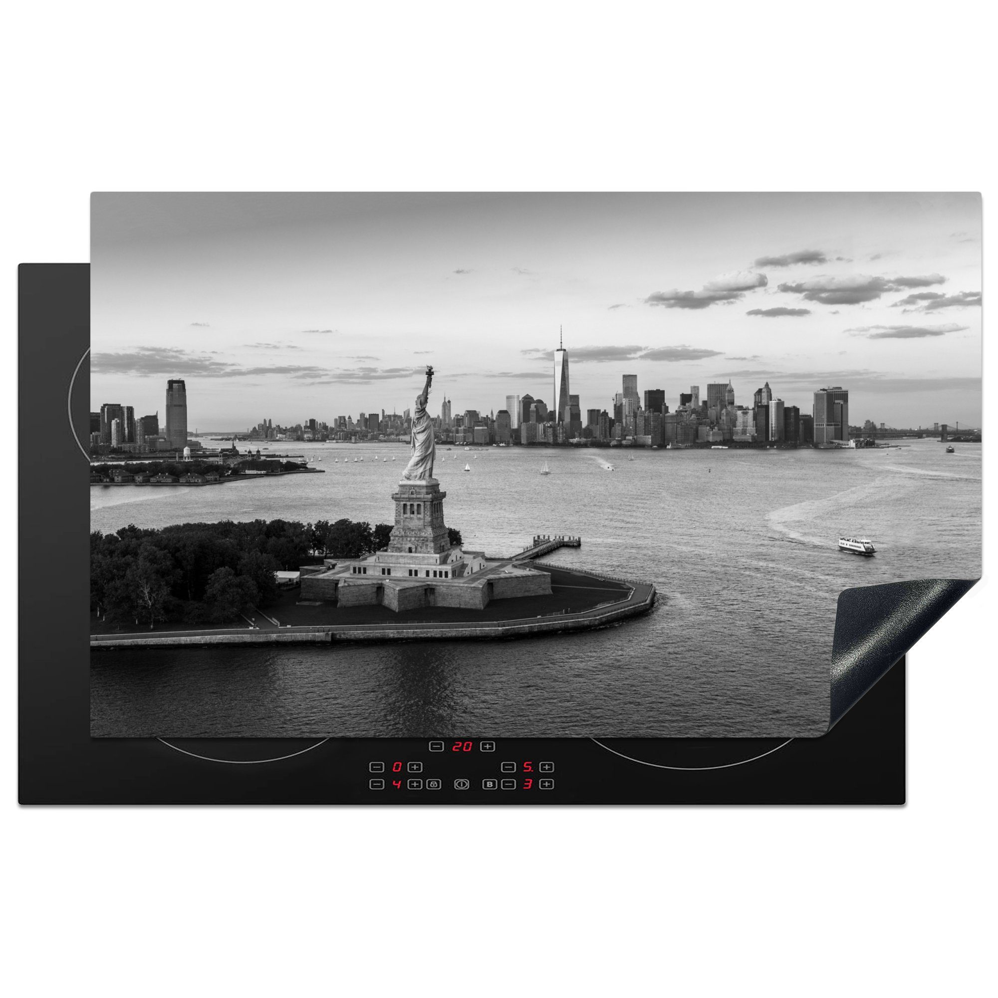 MuchoWow Herdblende-/Abdeckplatte New York - Freiheitsstatue - Skyline - Schwarz - Weiß, Vinyl, (1 tlg), 83x51 cm, Ceranfeldabdeckung, Arbeitsplatte für küche