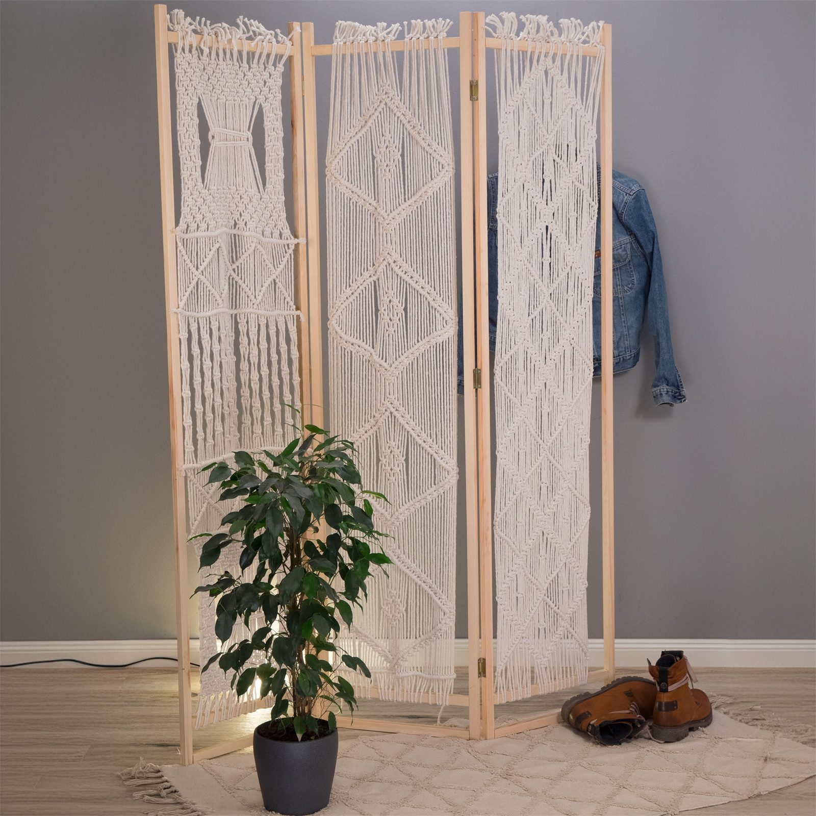 CREEDWOOD Paravent RAUMTEILER "BOHO", 166x123cm, Makramee, weiß, Deko Paravent