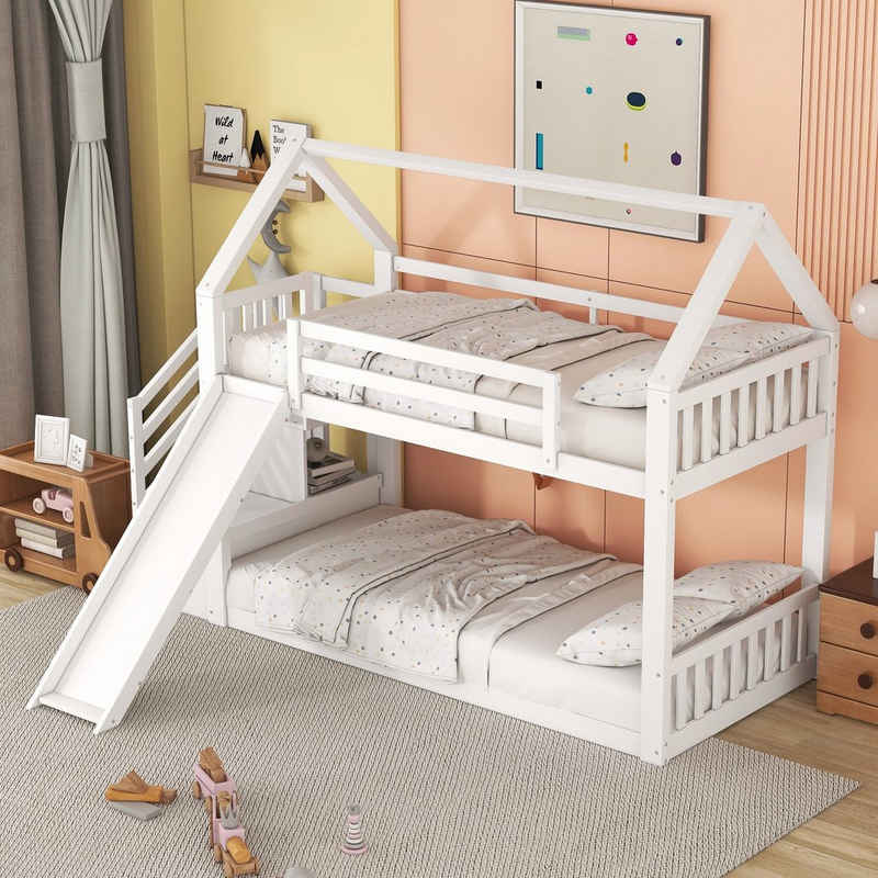 Celya Kinderbett Etagenbett mit Stauraumtreppe und Rutsche, Hausbett, Geländer, 90×200cm, geeignet für Kinder, Jugendliche