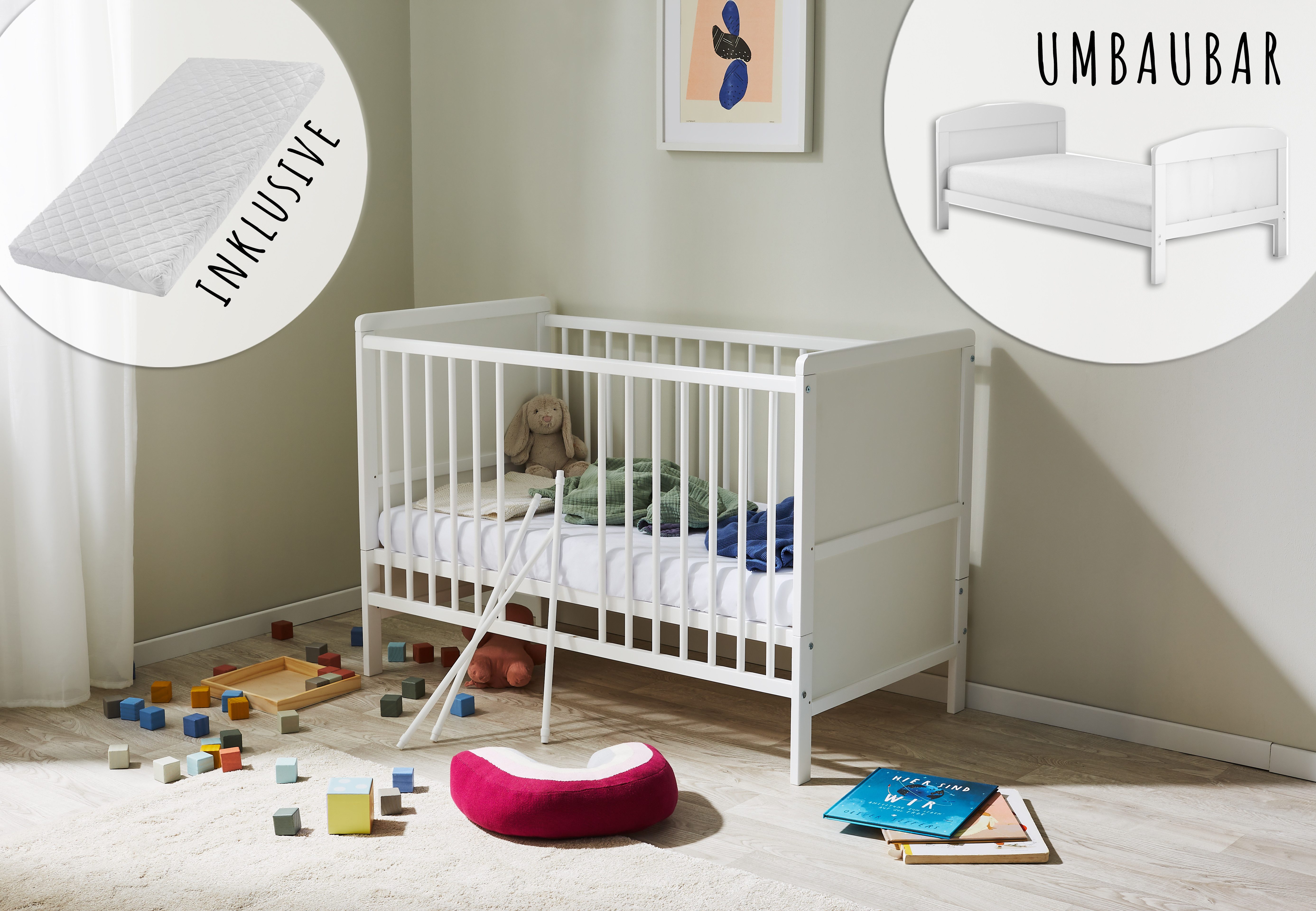 Babybett umbaubar zu Kinderbett 60x120 cm mit Matratze und Lattenrost