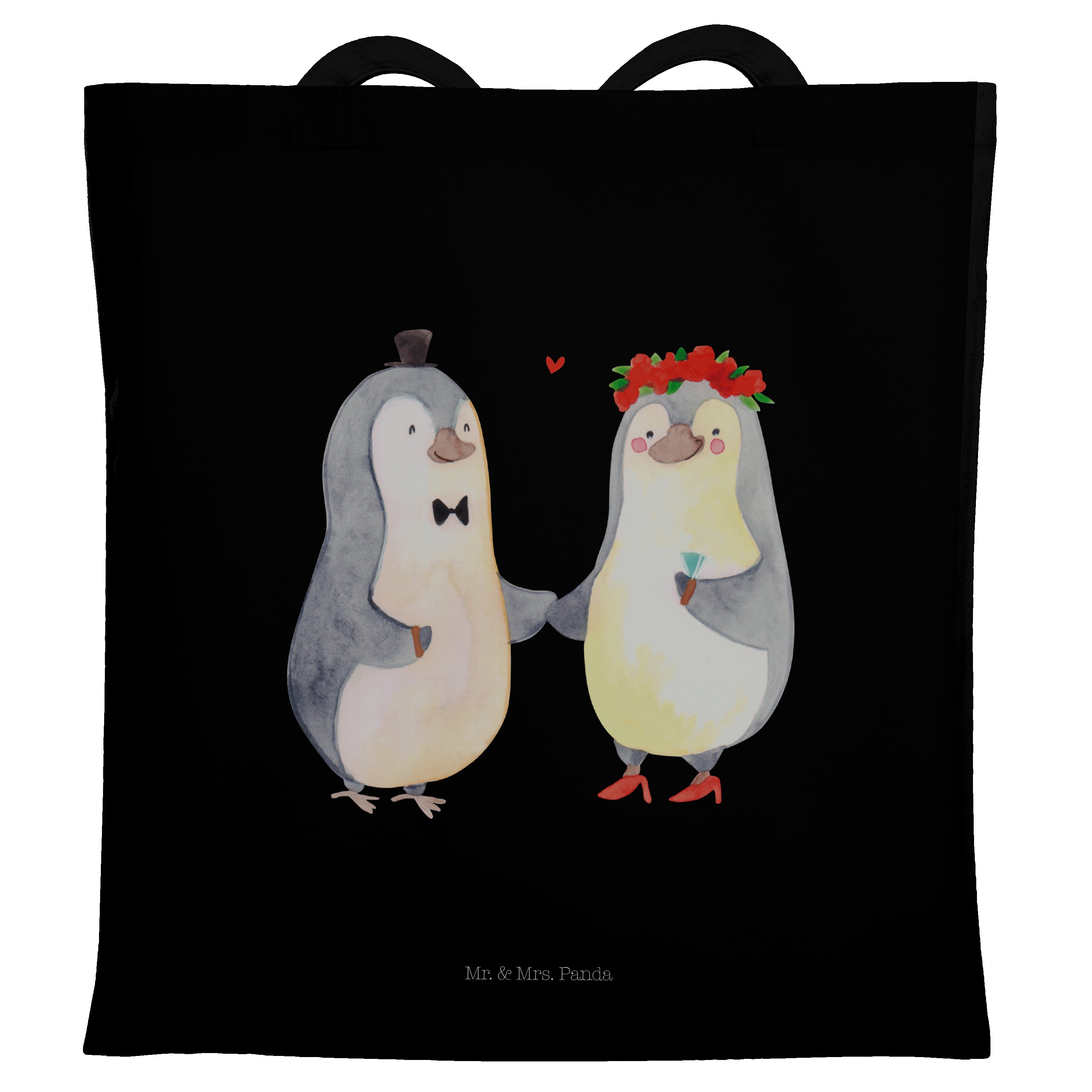 Heirat Tragetasche - Schwarz Mrs. - Mr. Pinguin (1-tlg) Einkaufsta Panda & Beuteltasche, Geschenk, Beutel,