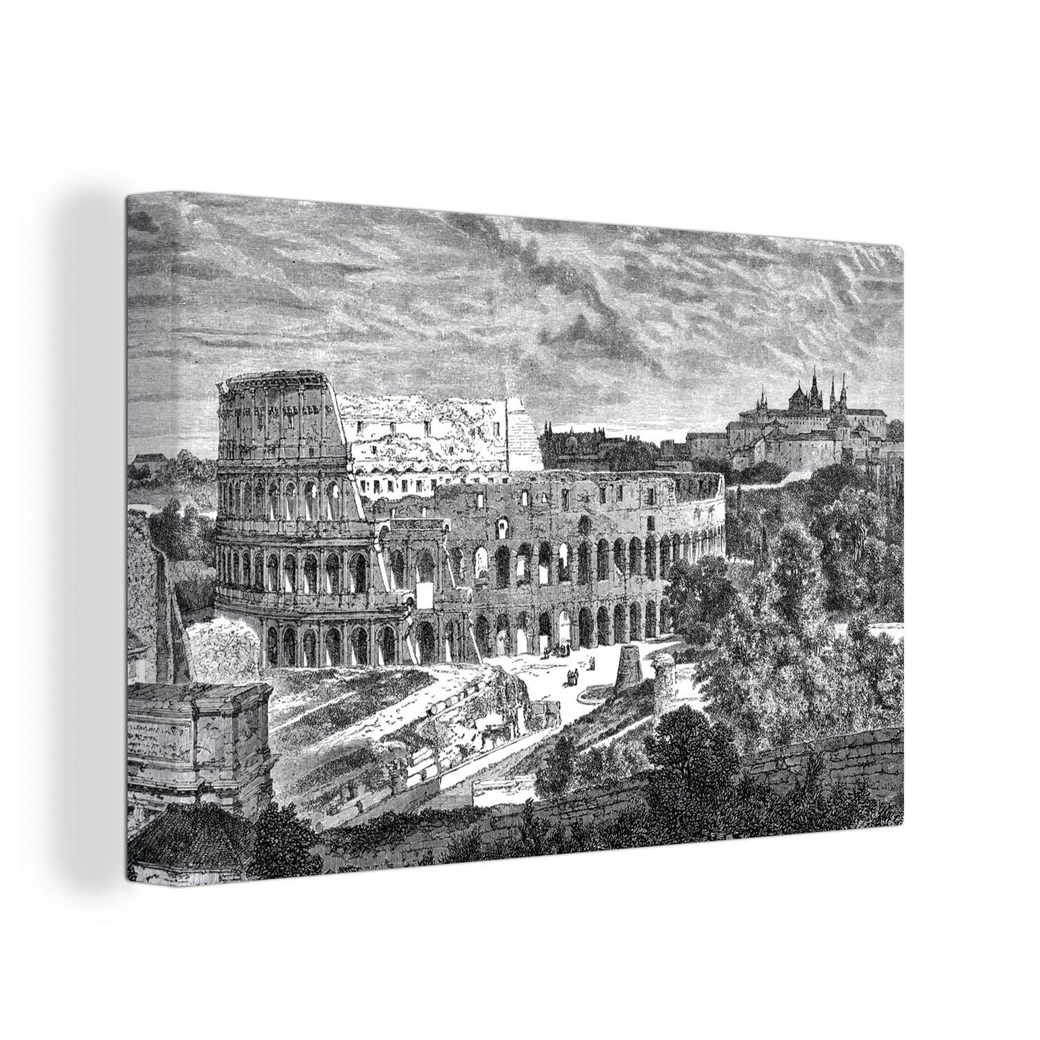 OneMillionCanvasses® Leinwandbild Illustration des Kolosseums in schwarz-weiß, (1 St), Wandbild Leinwandbilder, Aufhängefertig, Wanddeko, 30x20 cm