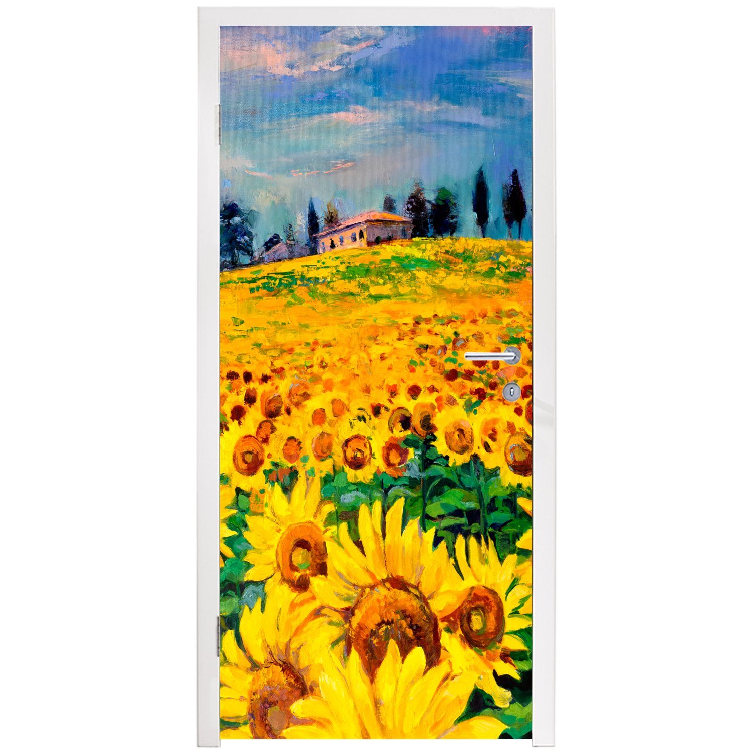 Türtapete Sonnenblume, - MuchoWow Tür, bedruckt, Türaufkleber, - St), (1 Gemälde Matt, cm - für Blumen Fototapete Ölfarbe 75x205