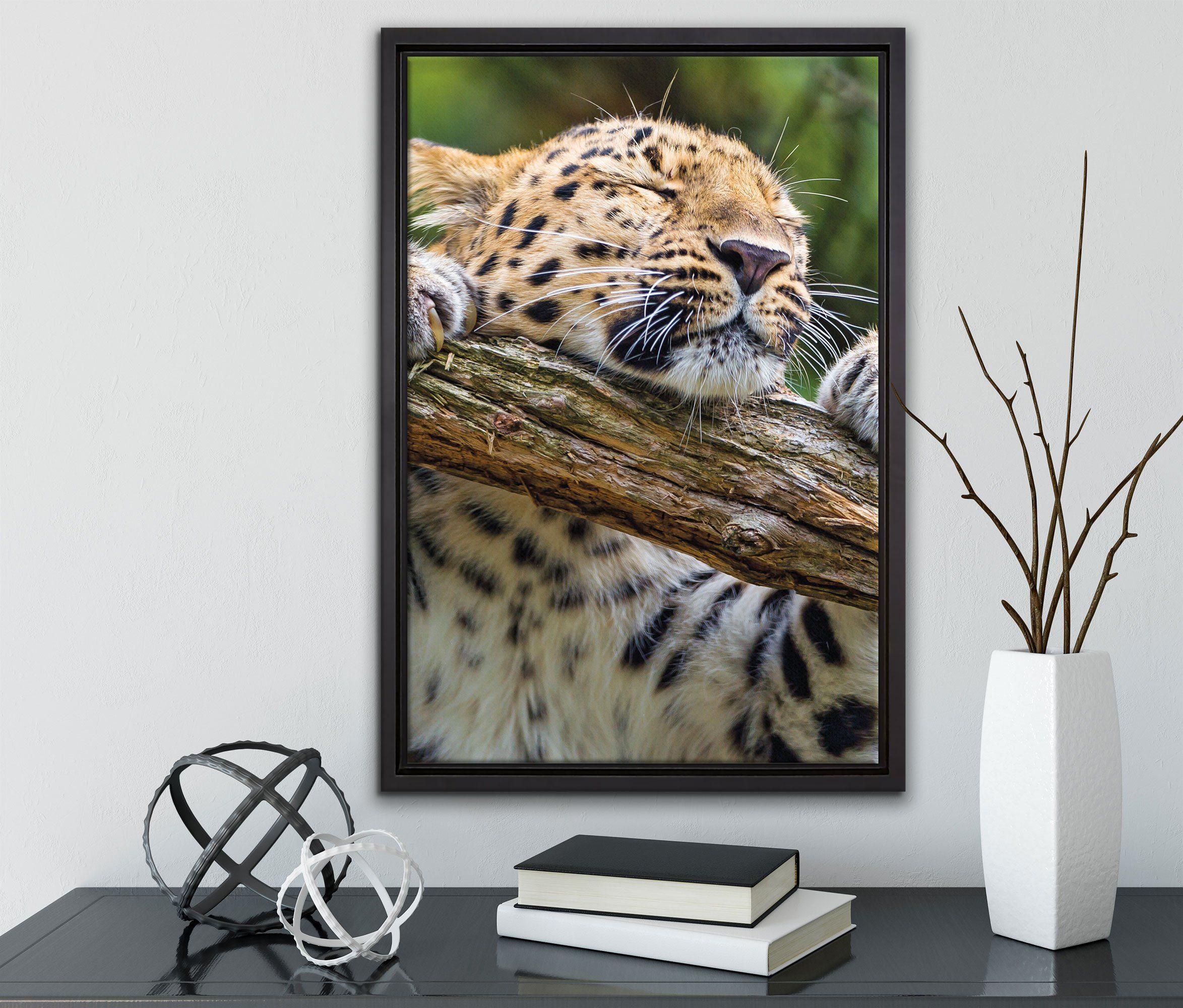 inkl. Leinwandbild St), einem bespannt, Leopard, Pixxprint fertig Leinwandbild gefasst, Zackenaufhänger Schattenfugen-Bilderrahmen (1 verspielter Wanddekoration in