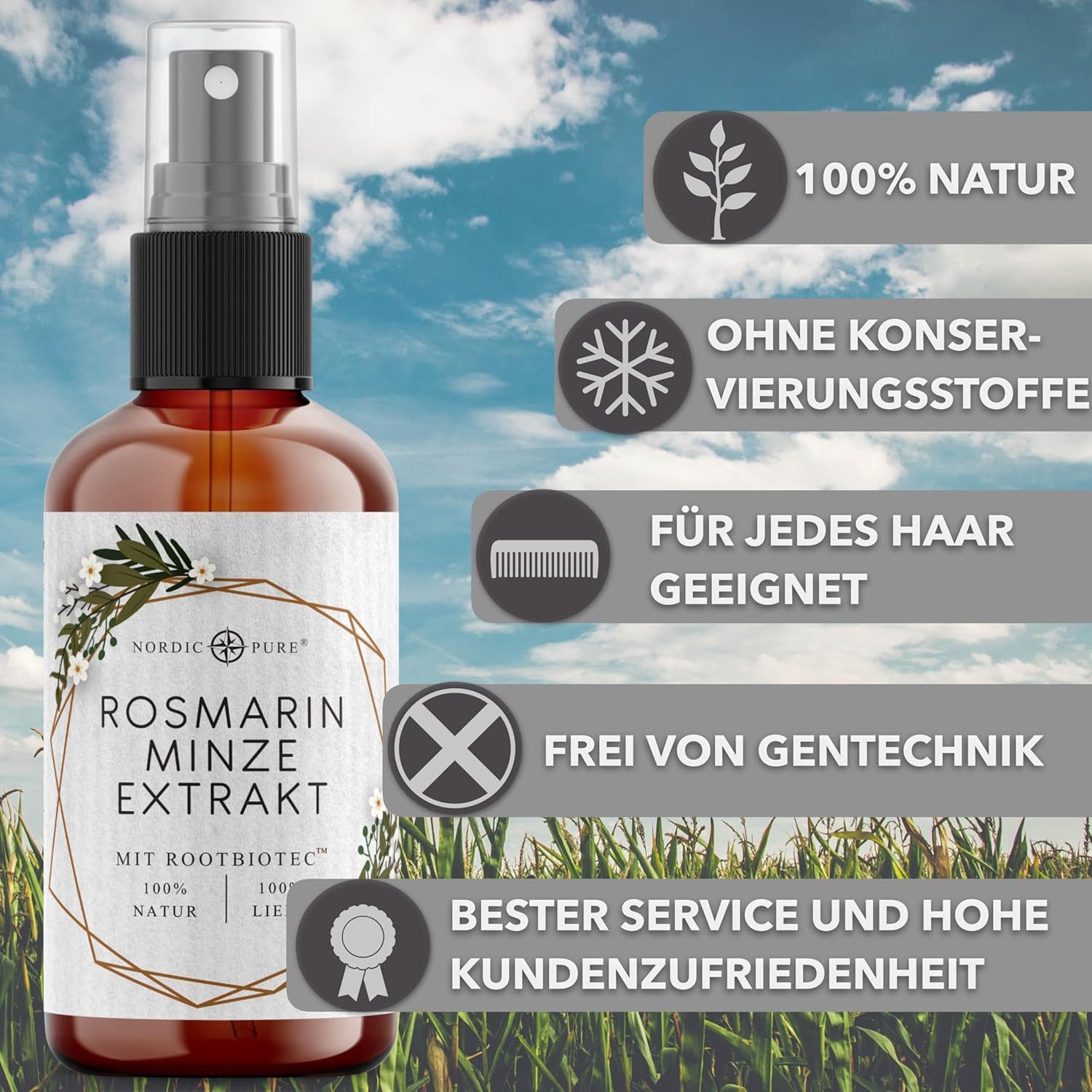 Nordic Pure® Haarserum Nordic Pure Rosmarin-Minze-Extrakt mit RootBioTec™, für eine belebende Kopfhautpflege, alle Haartypen & auch als Bartpflege – Alkoholfrei