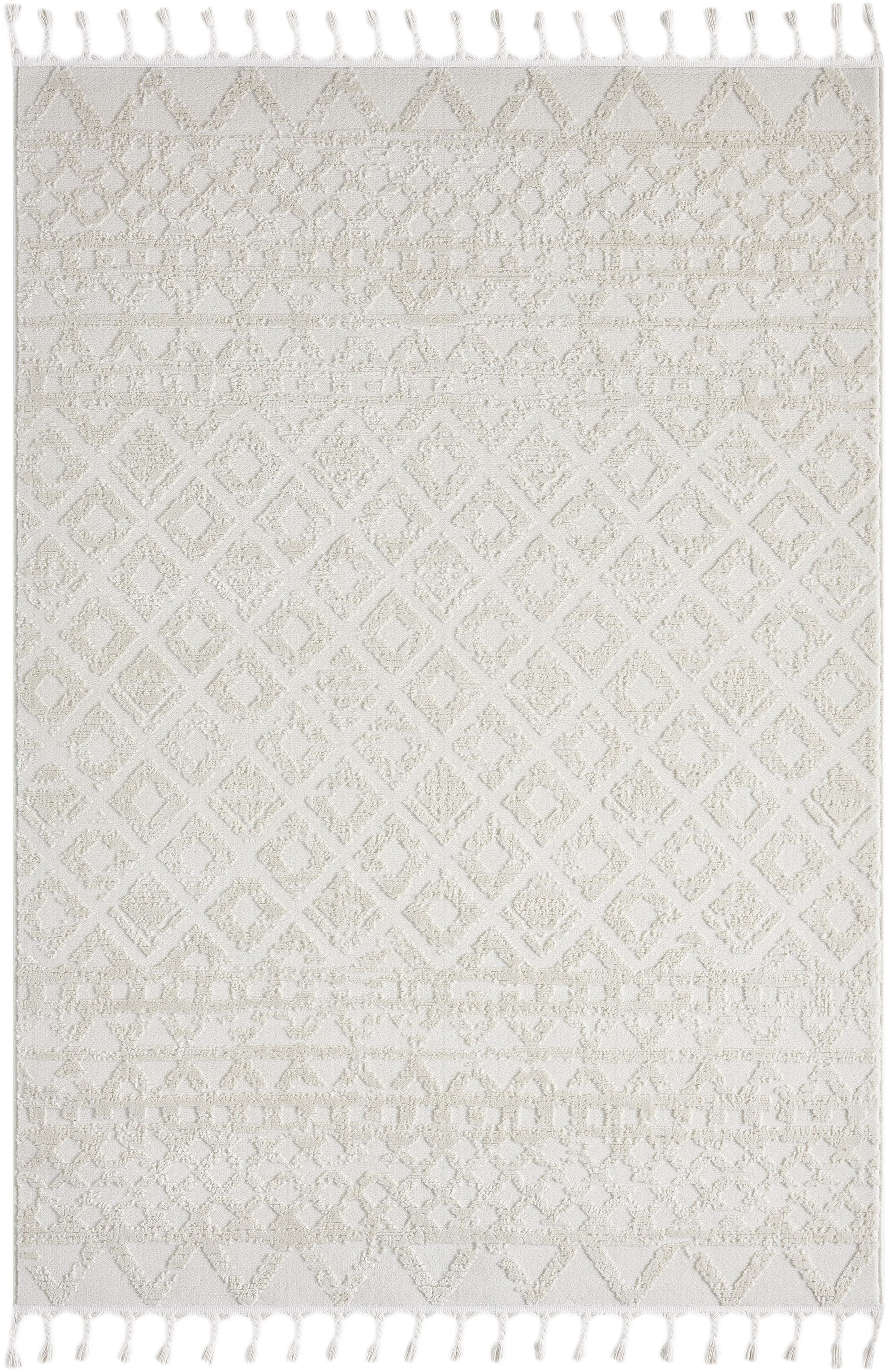 OTTO home Teppich Ribeyret, rechteckig, Höhe: 11 mm, mit Fransen, Hoch-Tief-Struktur, Woll-Look, Boho-Style, Wohnzimmer