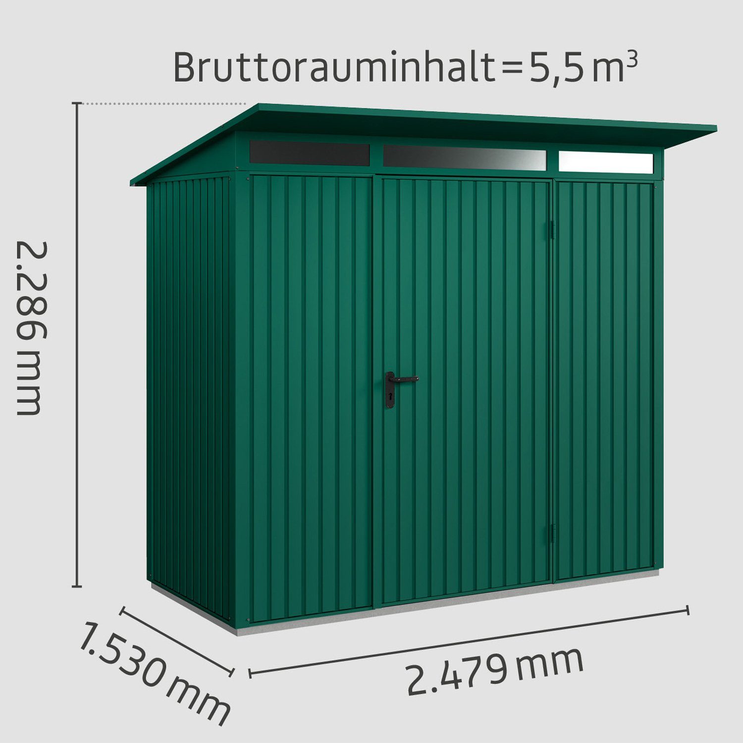 Trend Gerätehaus Typ moosgrün Tür Hörmann 1, 1-flüglige Metall-Gerätehaus mit Pultdach Ecostar
