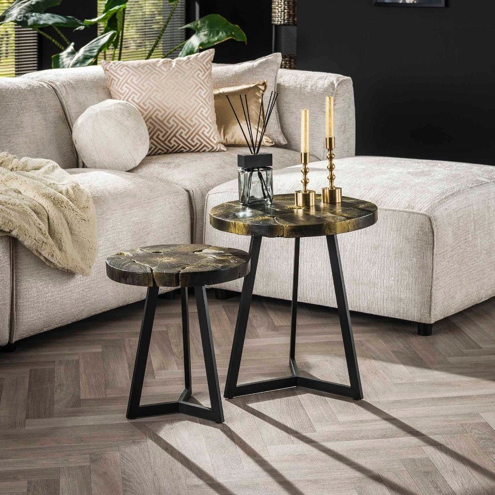 und RINGO-Living Möbel Beistelltisch Wido Teakholz aus 540x500x500mm, Schwarz 2er-Set Couchtisch in Gold