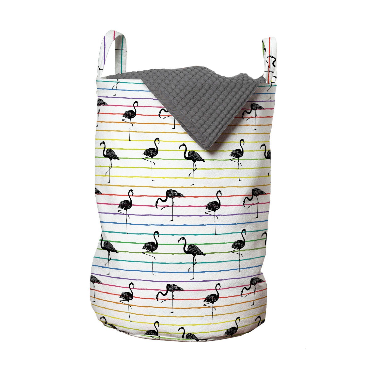 Abakuhaus Wäschesäckchen Wäschekorb mit Griffen Kordelzugverschluss für Waschsalons, Flamingo Exotische Vögel Rainbow Linien
