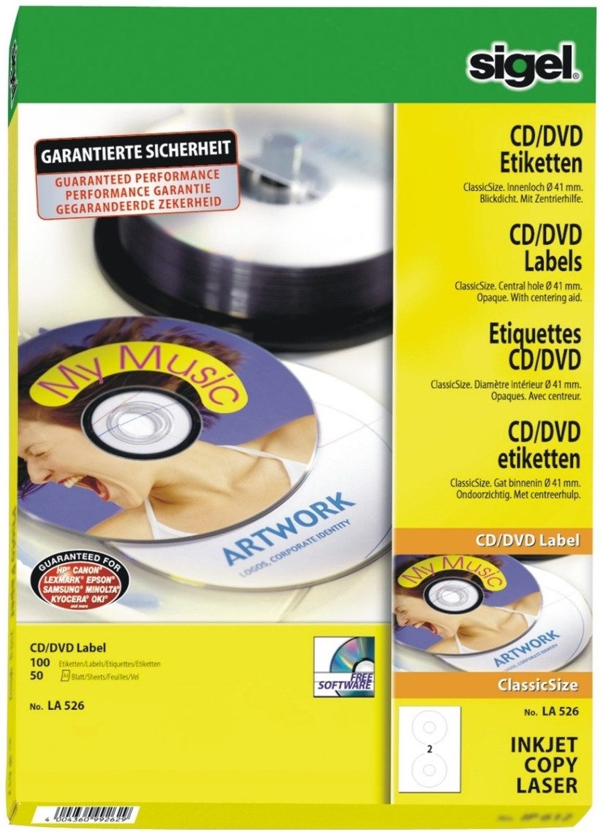 Sigel Etiketten CD-/DVD-Etiketten Inkjet/Laser Kopier 117mm VE=50 Stück (25 Blatt) wei