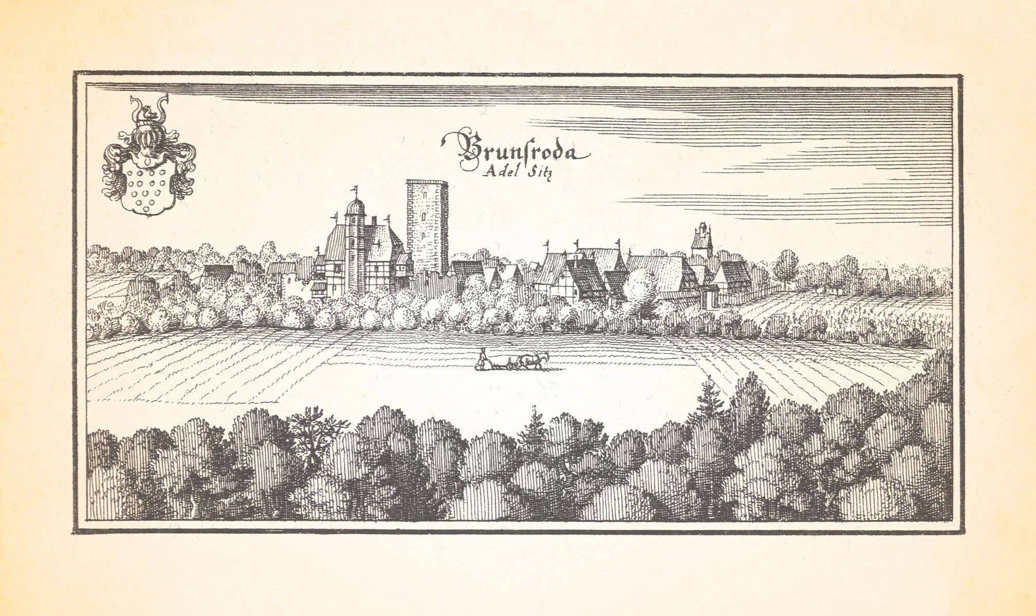 Kunstdruck Brunsroda Adelsitz Groß Brunsrode Lehre Dorfkirche Kupferstich Merian