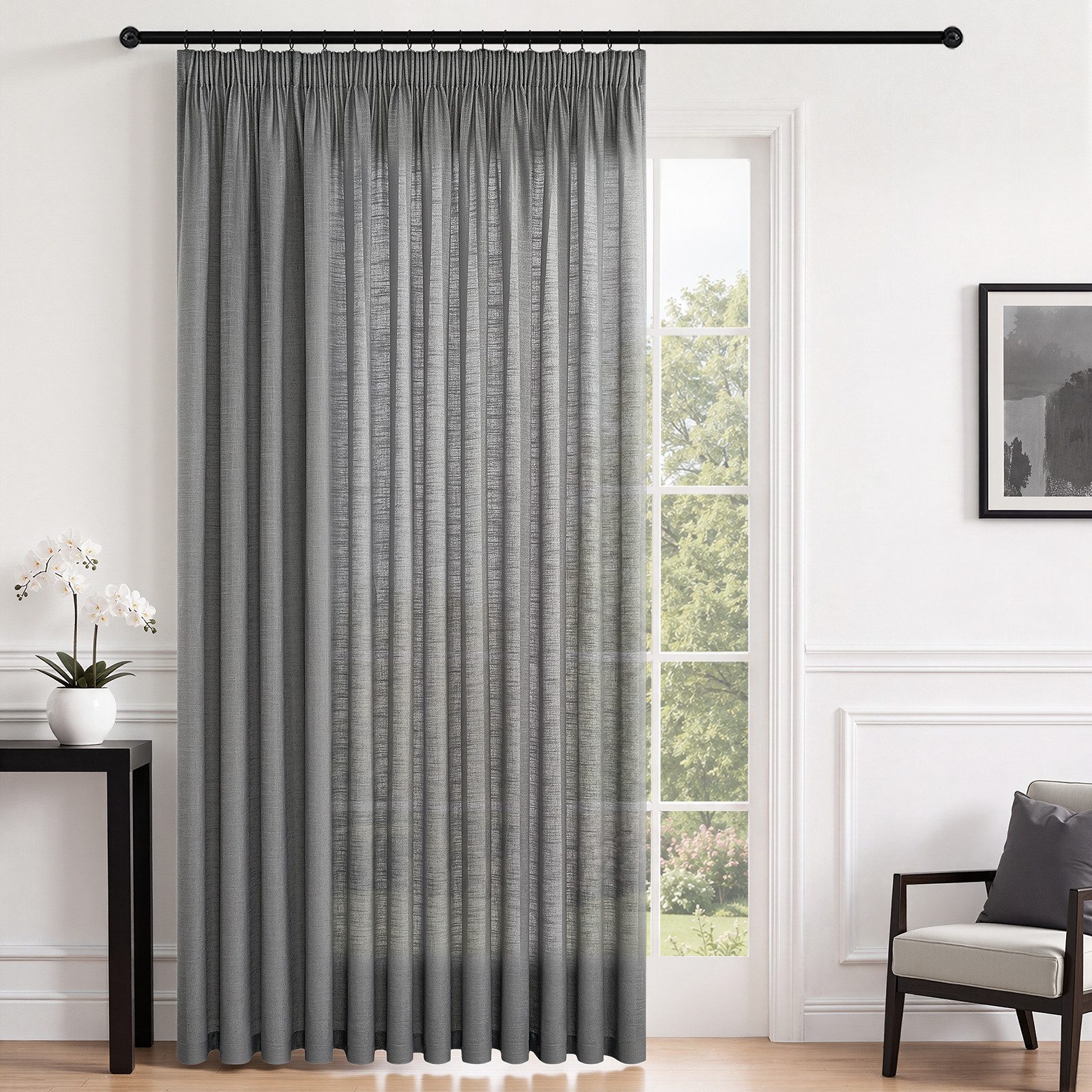 Topfinel Gardine Leinenoptik vorhänge mit kräuselband halbtransparent wohnzimmer (1 St), Kräuselband, halbtransparent, modern boho Dunkelgrau 300x240cm kinderzimmer Schlafzimmer Esszimmer