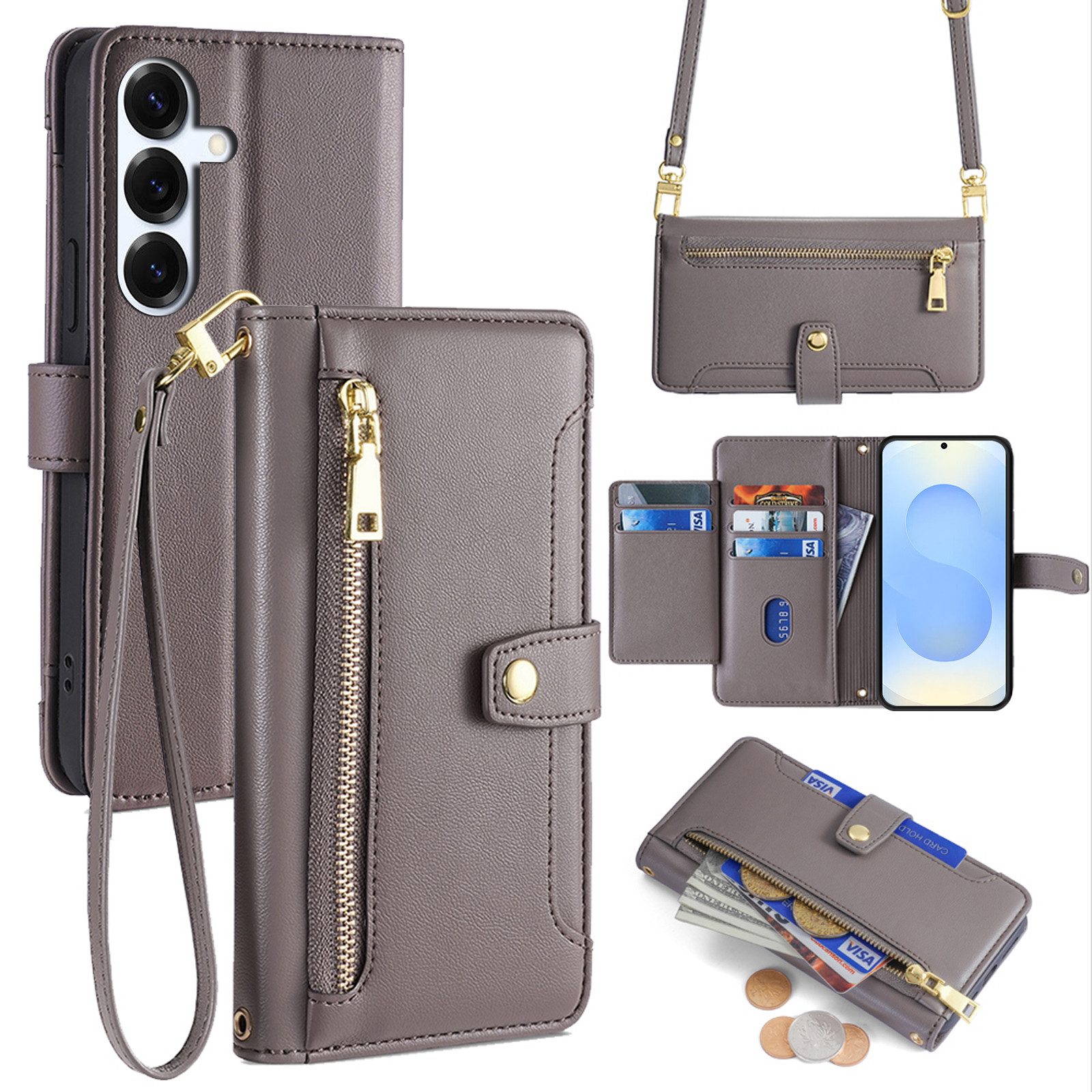 betterfon Handykette für Samsung Galaxy S25 Plus mit Band Kartenfächer PU Leder Grau, Hände frei – mit Silikonhülle & Schnur für flexiblen Alltag