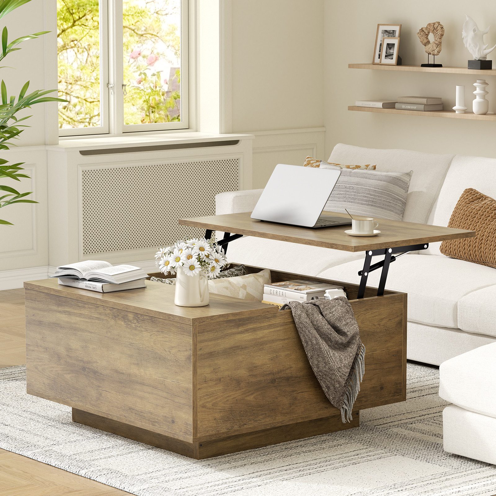 FABATO Couchtisch eckig, höhenverstellbar mit verstecktem Staufach, Landhaus-Design (1-St), mit einem sanften Hebe-Mechanismus, oak