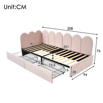 Sweiko Polsterbett Einzelbett mit Schubladen,Stauraumbett mit Lattenrost (Daybett Tagesbett Schlafsofa 90x200cm, Jugendbett und Erwachsene Kinderbett), Samt, Rosa(Ohne Matratze)