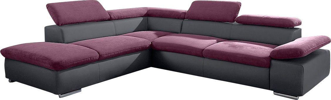 SIT&MORE Ecksofa VALENTINE, L-Form, Armteil- & Kopfteilverstellung Dunkelgrau / Aubergine