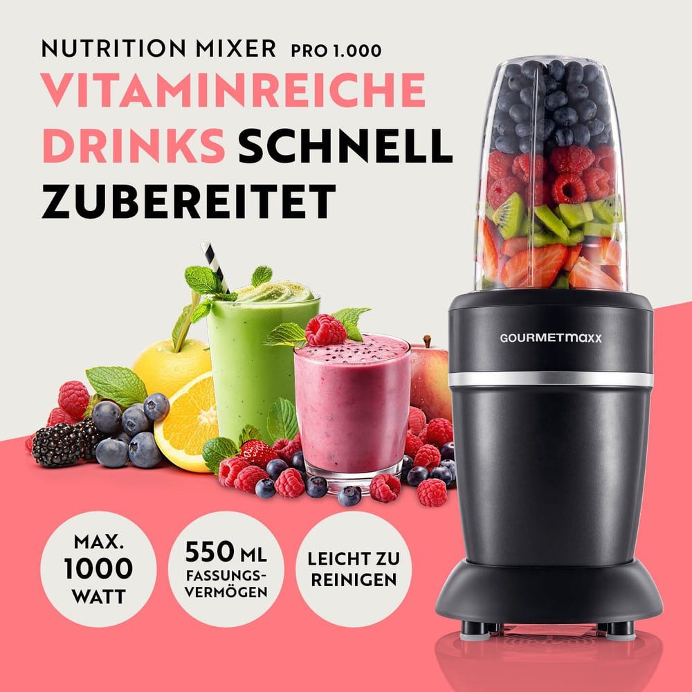 GOURMETmaxx Standmixer Nutrition Mixer 10-tlg., Smoothie Maker mit to go Deckel, 1000 W, mit Mixbecher & Frischhaltedeckel – ideal zum Aufbewahren