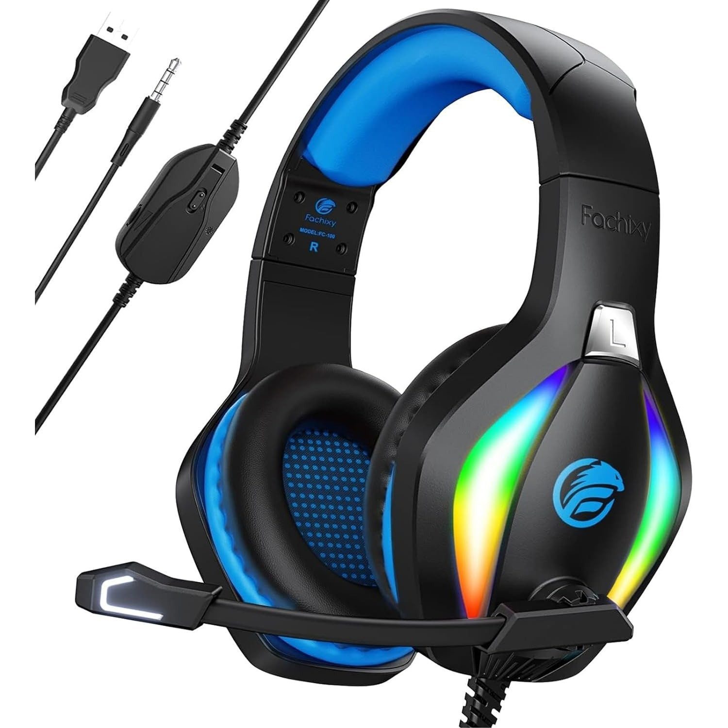 Fachixy FC100 mit Mikrofon für PS4/PS5/PC/Xbox/Nintendo Switch Gaming-Headset (Xbox One Headset mit RGB-Beleuchtung, RGB-Beleuchtung)