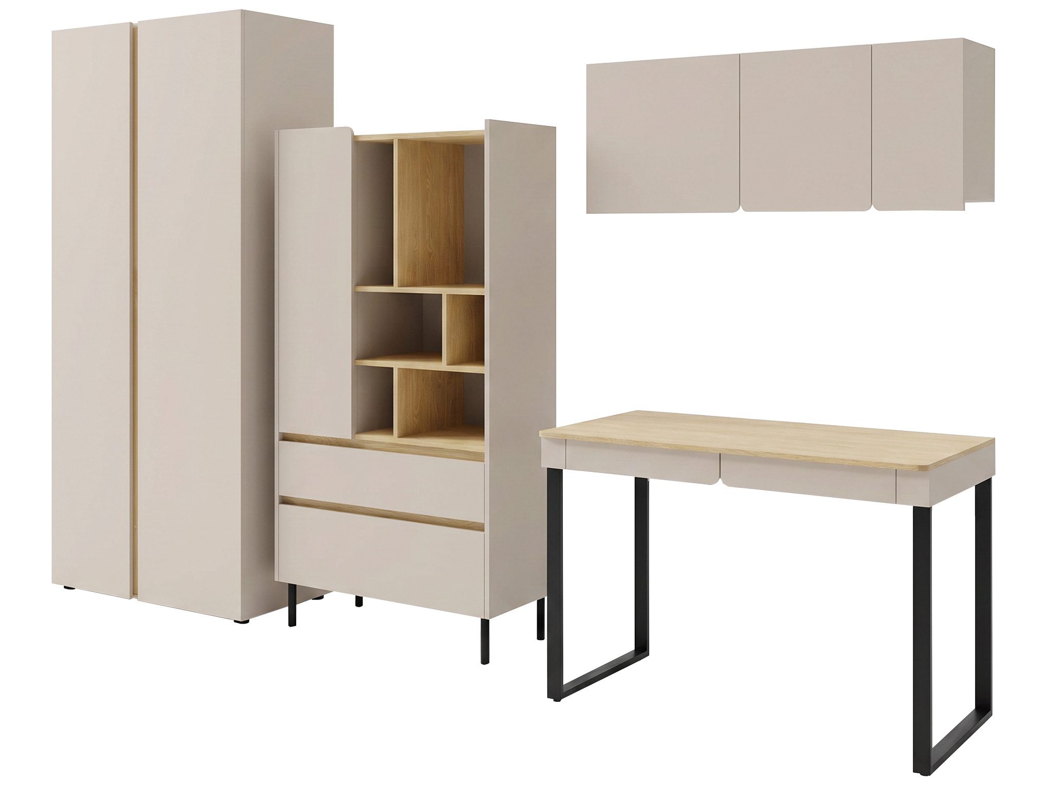 Beautysofa Jugendzimmer-Set LICO im modernen Stil, (Kinderzimmer Möbel grifflos, Set 4-teilig Kleiderschrank Bücherregal Schreibtisch Hängeregal), moderne Farben Sandbeige oder Eukalyptus