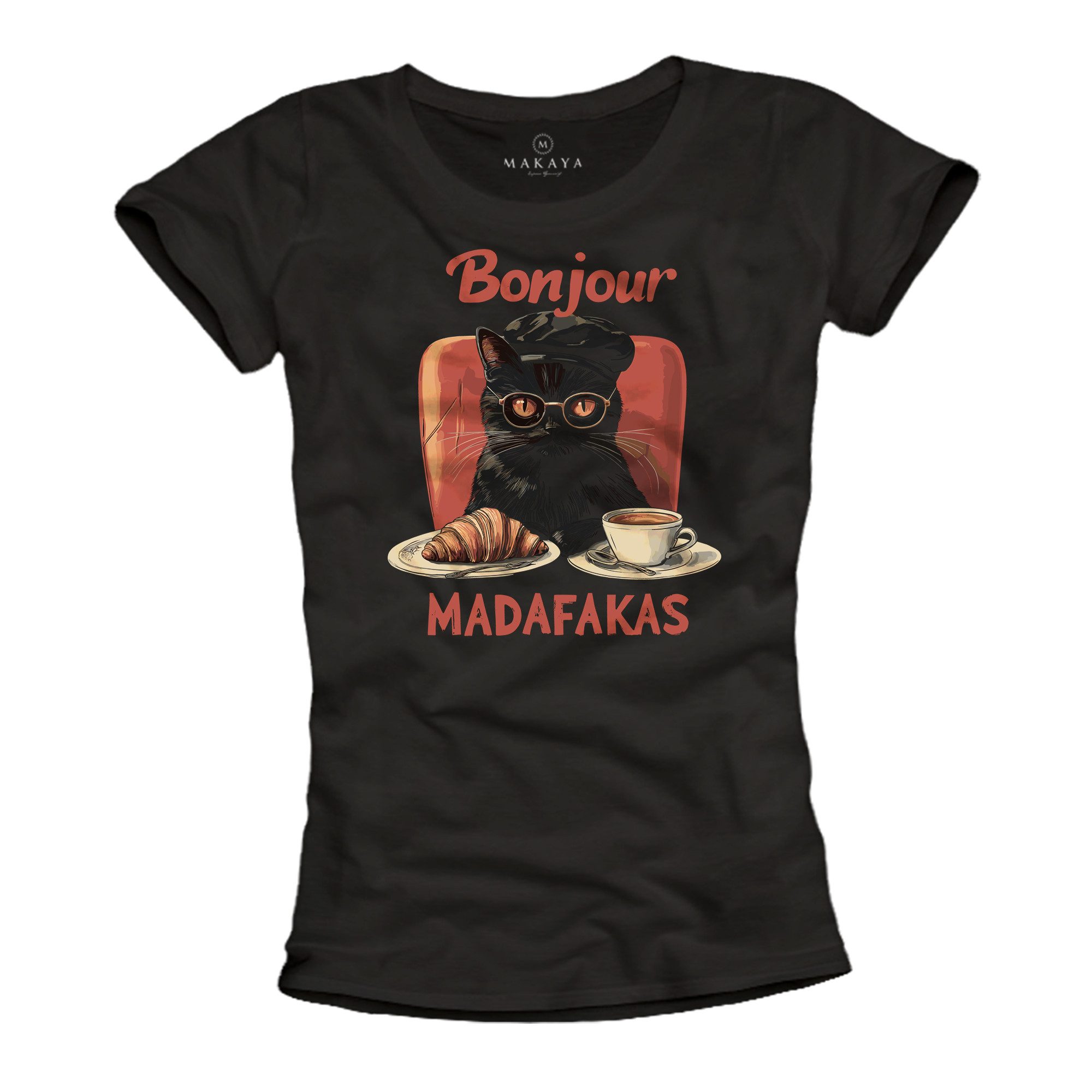 MAKAYA Print-Shirt Schwarzes Damen Top – Lustige Katze mit französischem Spruch (Schwarz, S, M, L, XL) Baumwolle