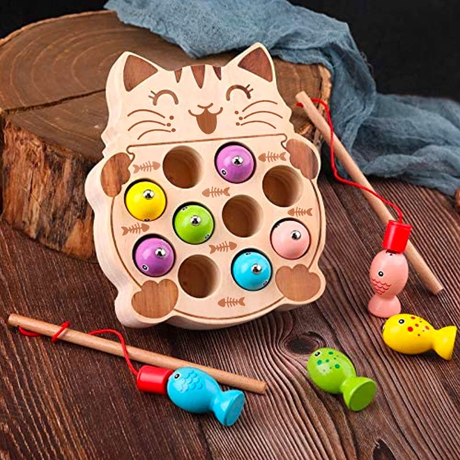 Kreatives magnetisches Holzkatzen Angelspielzeug für Kinder Kleinkind mit 