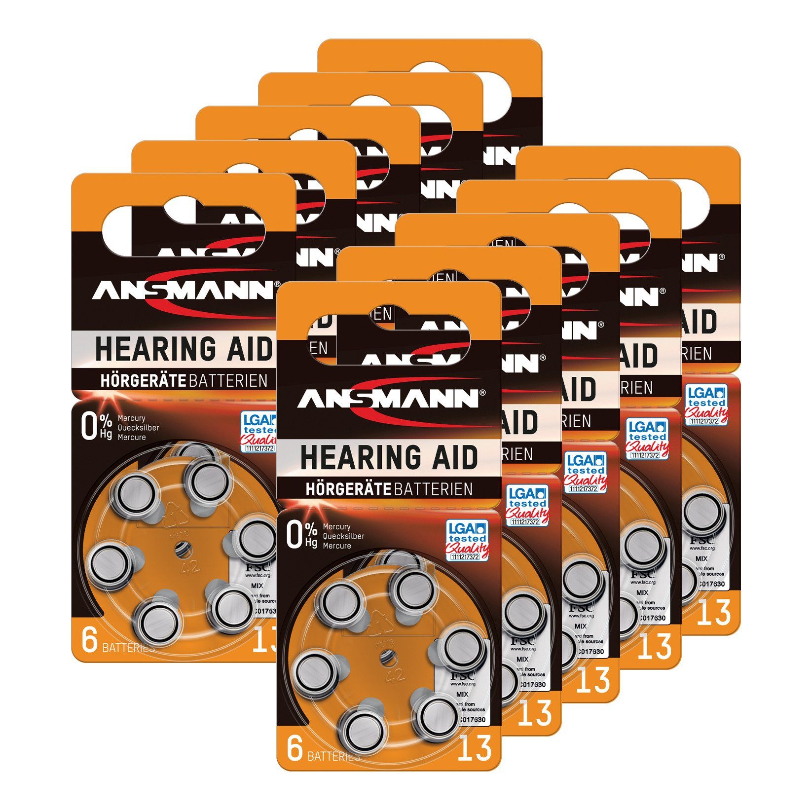 ANSMANN® Hörgerätebatterien Typ 13 Orange - P13 PR48 ZL2 Knopfzelle, (60 St), Hörgeräte Batterien