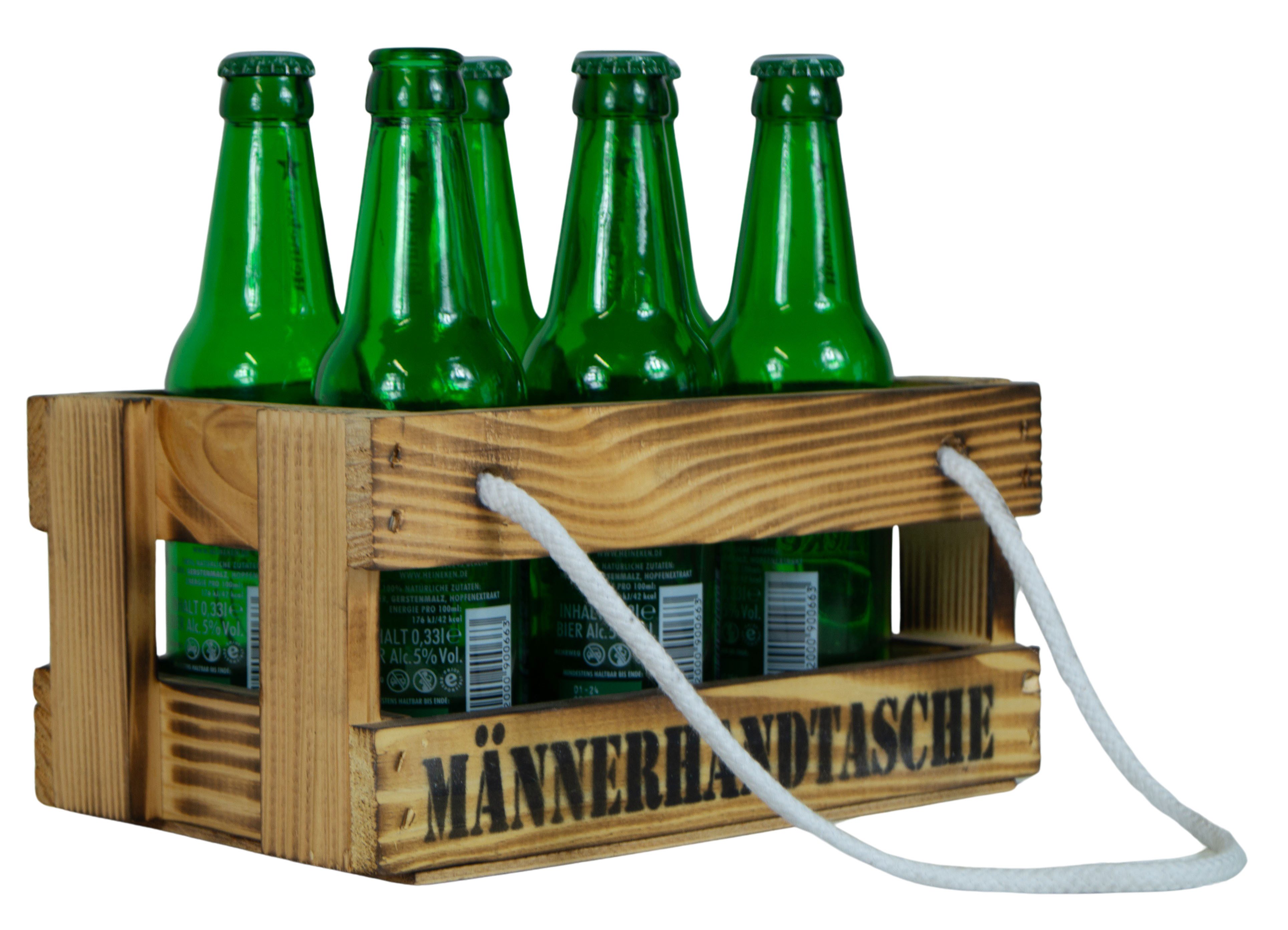 Allzweckkiste Holzkiste Griff "Männerhandtasche" geflammt für 6 Getränke Bierkiste (Spar-Set)