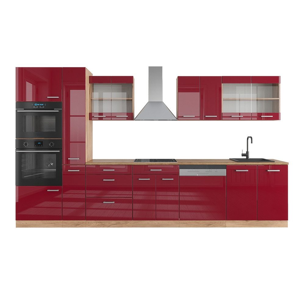 Vicco Küchenzeile R-Line, Rot Hochglanz/Goldkraft Eiche/Goldkraft Eiche, 350 cm mit H...