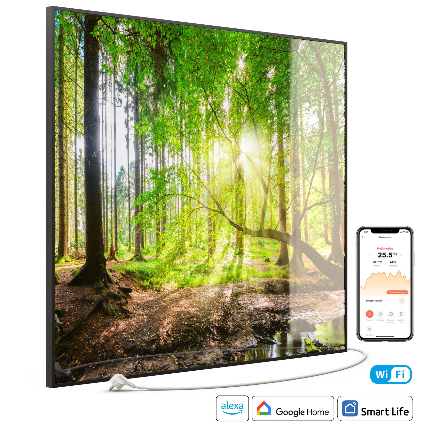 STEINFELD Heizsysteme Infrarotheizung Glas-Bild 1200W, 114x100cm, Made in Germany, 7 Jahre Garantie, mit Thermostat, Schwarz