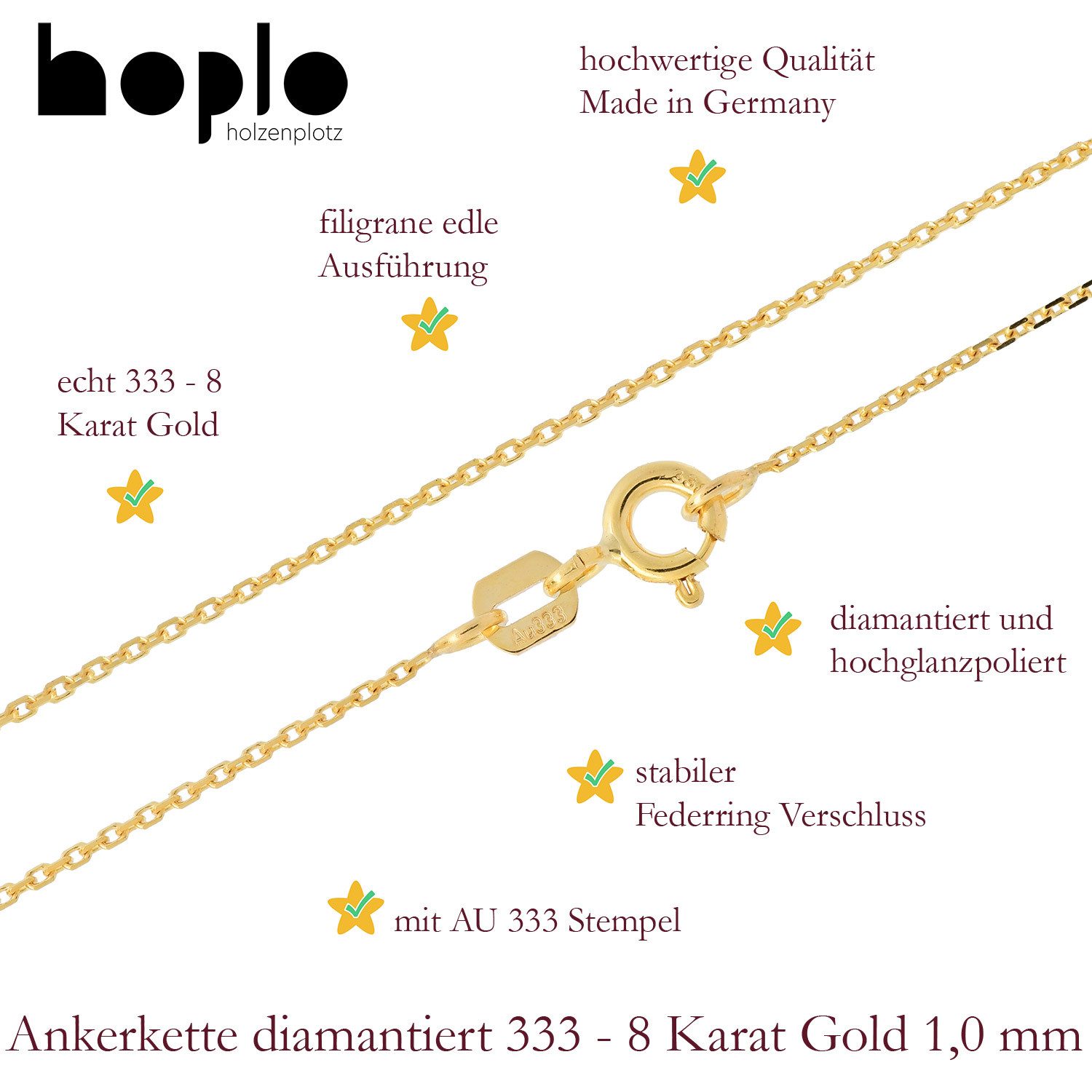 HOPLO Goldkette Goldkette Ankerkette diamantiert 1,0 mm 36 cm 333 - 8 Karat Gold, Made in Germany – Bild 3 von 5