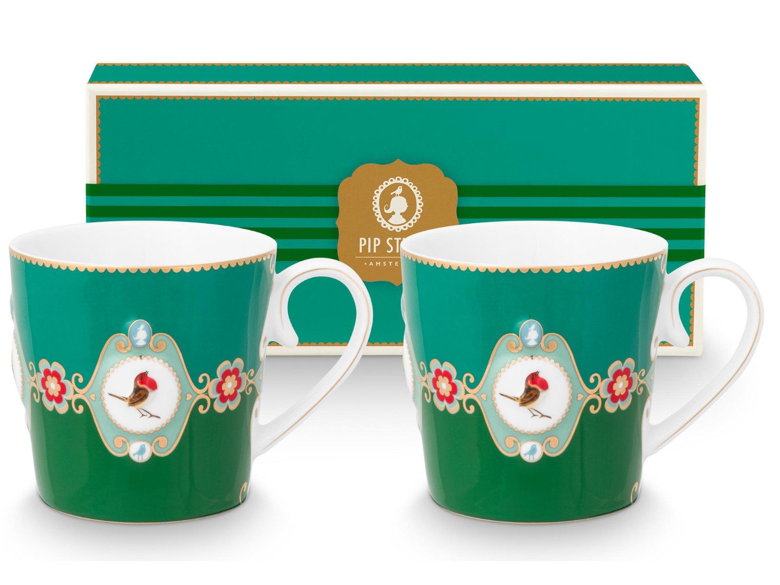 PiP Studio Becher Love Birds Medallion Emerald-Green Henkelbecher Large 0,25l Set2, Porzellan