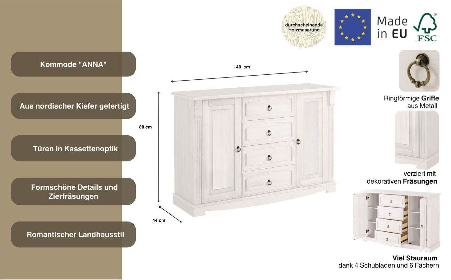 OTTO home Sideboard Anna (Gesamtmaße (B/T/H): ca. 140/44/88 cm), Kommode, Breite 140 cm, 4 Schubladen, 2 Türen, Massivholz, FSC®