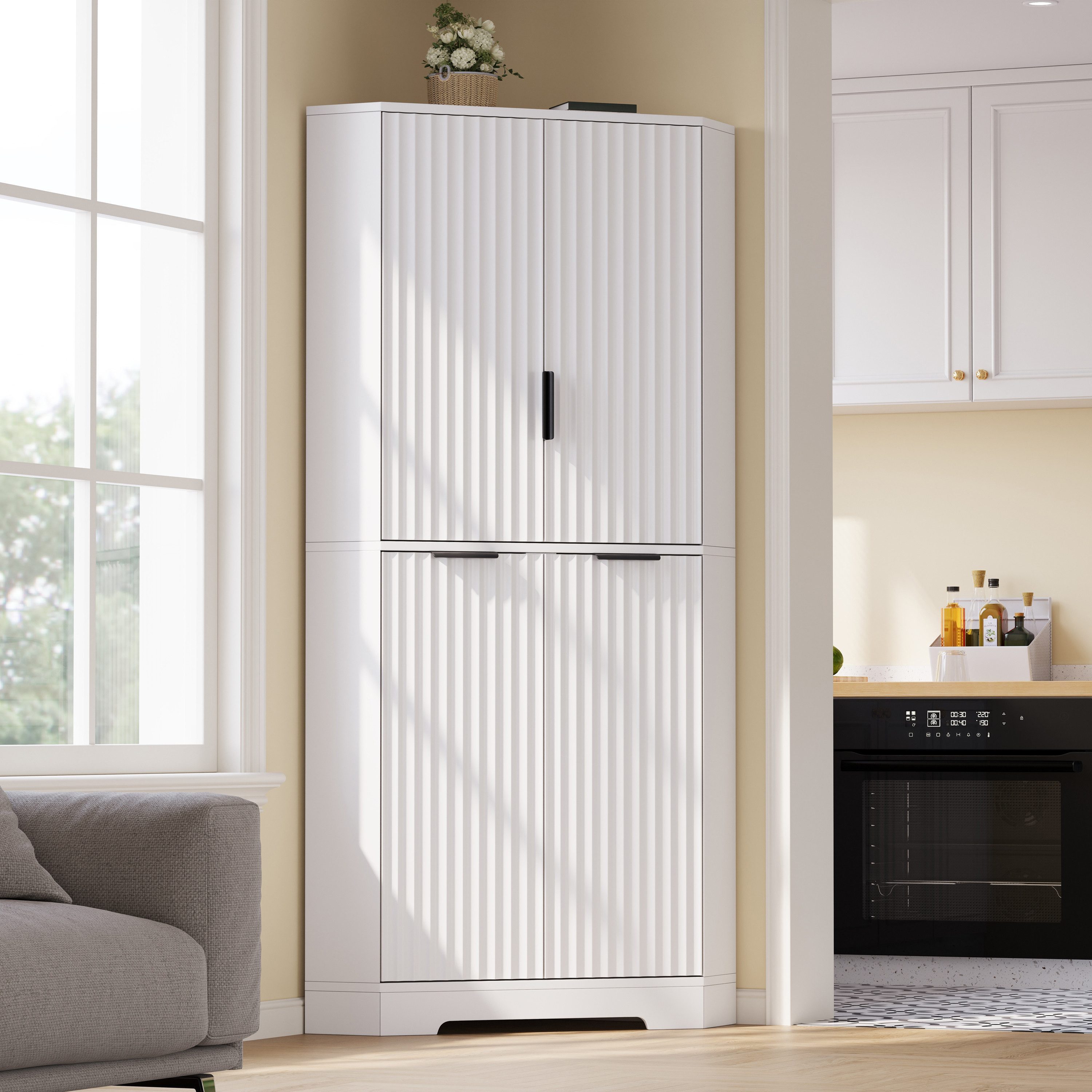 Flieks Eckschrank multifunktionaler Hochschrank mit 4 Türen, verstellbaren Einlegeböden (60×60×172 cm, 1-St., Schrank für Esszimmer, Wohnzimmer, Schlafzimmer, Badezimmer) Eckkommode Mehrzweckschrank Badkommode mit 4 Fächern Weiß