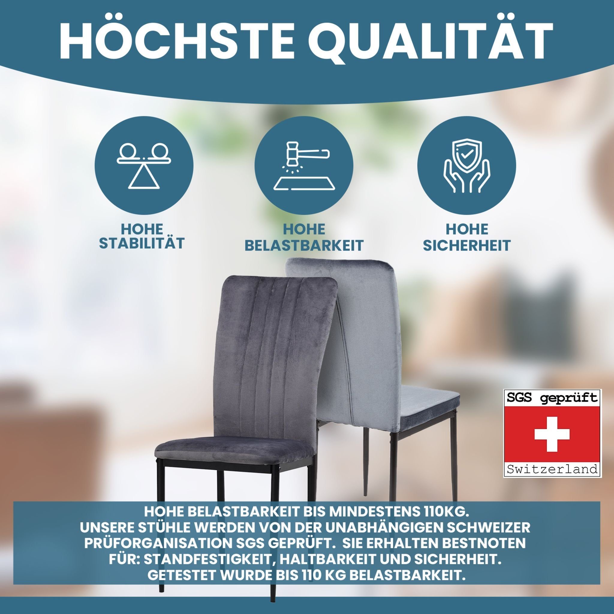 Albatros International Esszimmerstuhl Esszimmer Stühle 4 er Set MODENA, Stuhl Stühle Esszimmerstühle, Küche (6er Set, Grau, Samt Bezug), Küchenstuhl Küchenstühl – Bild 3 von 5