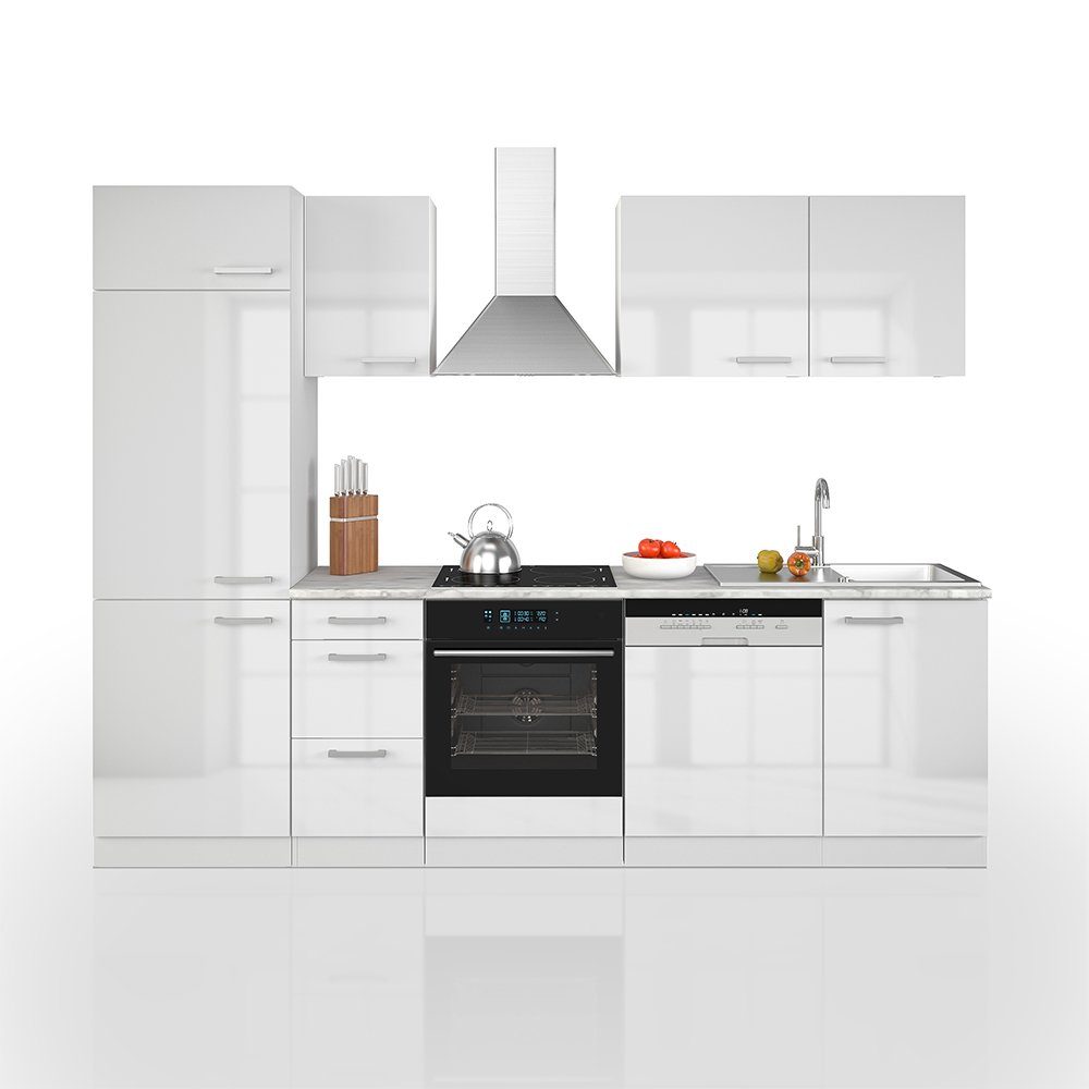 Vicco Küchenzeile Optima, Weiß Hochglanz/Weiß, 270 cm ohne Arbeitsplatte