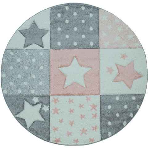 Kinderteppich Cosmo 345, Paco Home, rund, Höhe: 18 mm, 3D-Design, Patchwork Muster, Motiv Punkte & Sterne, Pastell-Farben