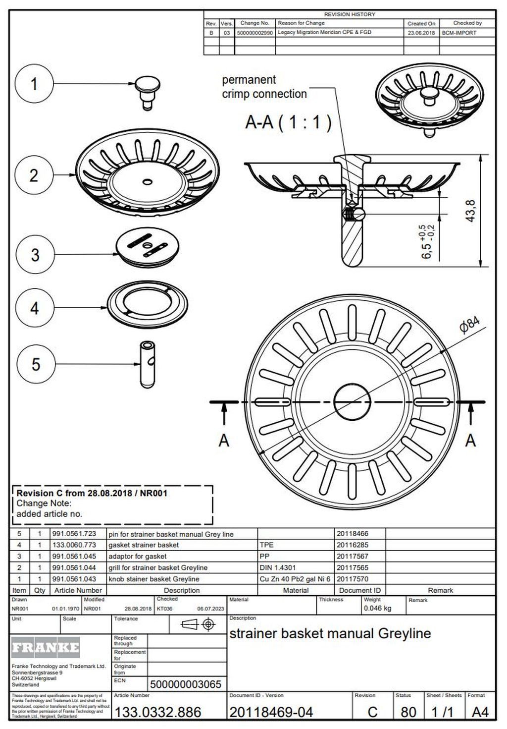 FRANKE Siebventil Ø 84 mm incl. Dichtung Ø 47 mm 20 Schlitze 133.0332.886