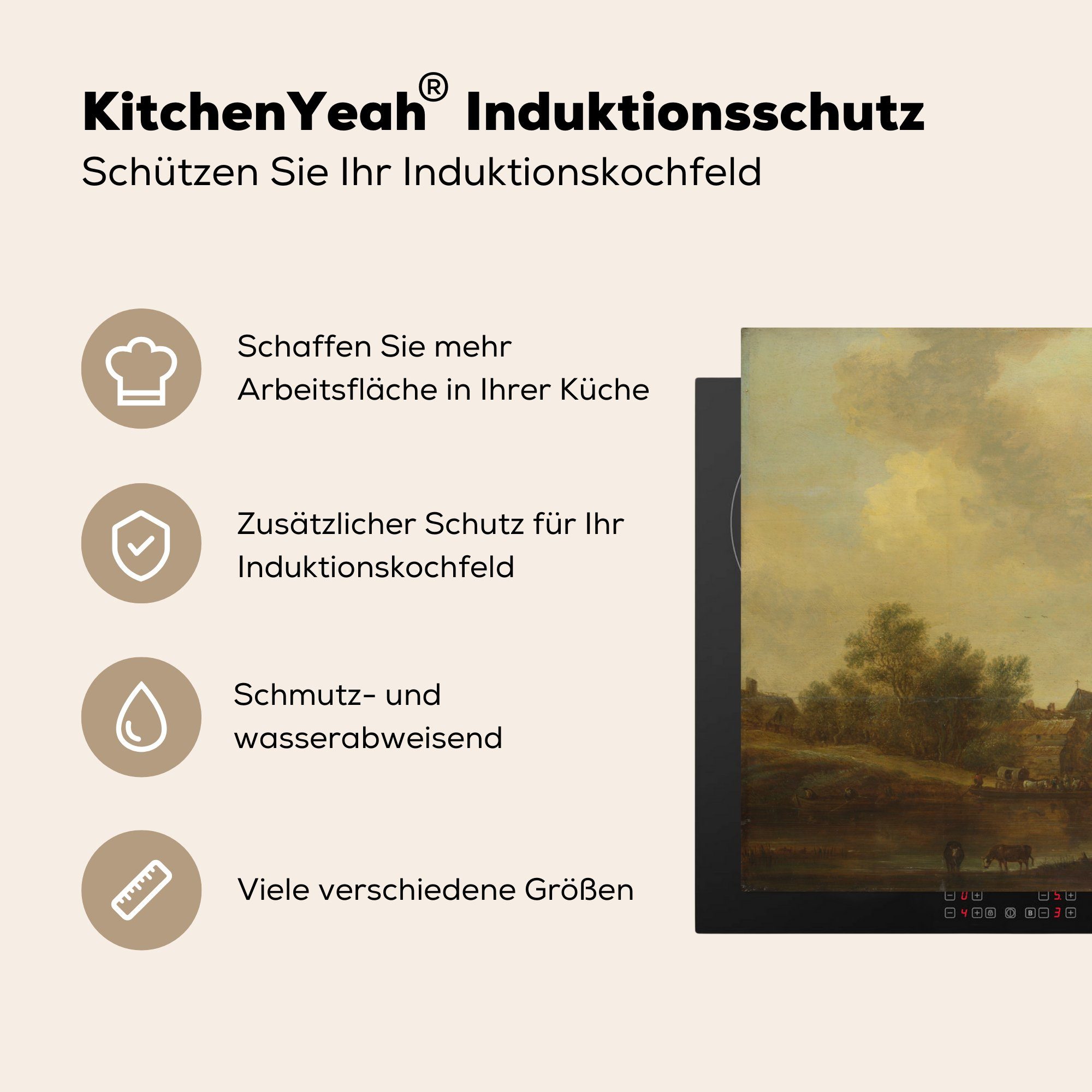 MuchoWow (1 tlg), von Induktionskochfeld Vieh Ceranfeldabdeckung die Schutz für Jan cm, Herdblende-/Abdeckplatte Goyen, küche, Gemälde Vinyl, mit van Flusslandschaft 81x52 -