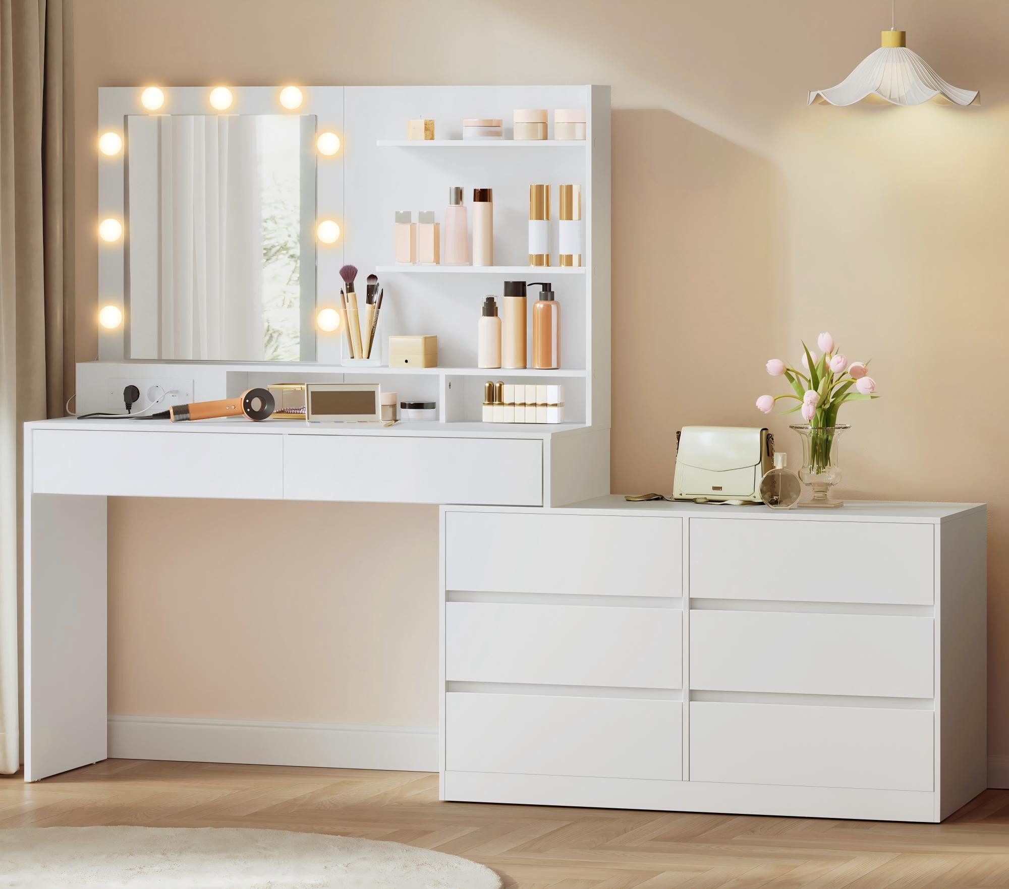 VASAGLE Schminktisch Frisiertisch 9 Glühbirnen, 8 Schubladen, 3 Lichtfarben günstig online kaufen