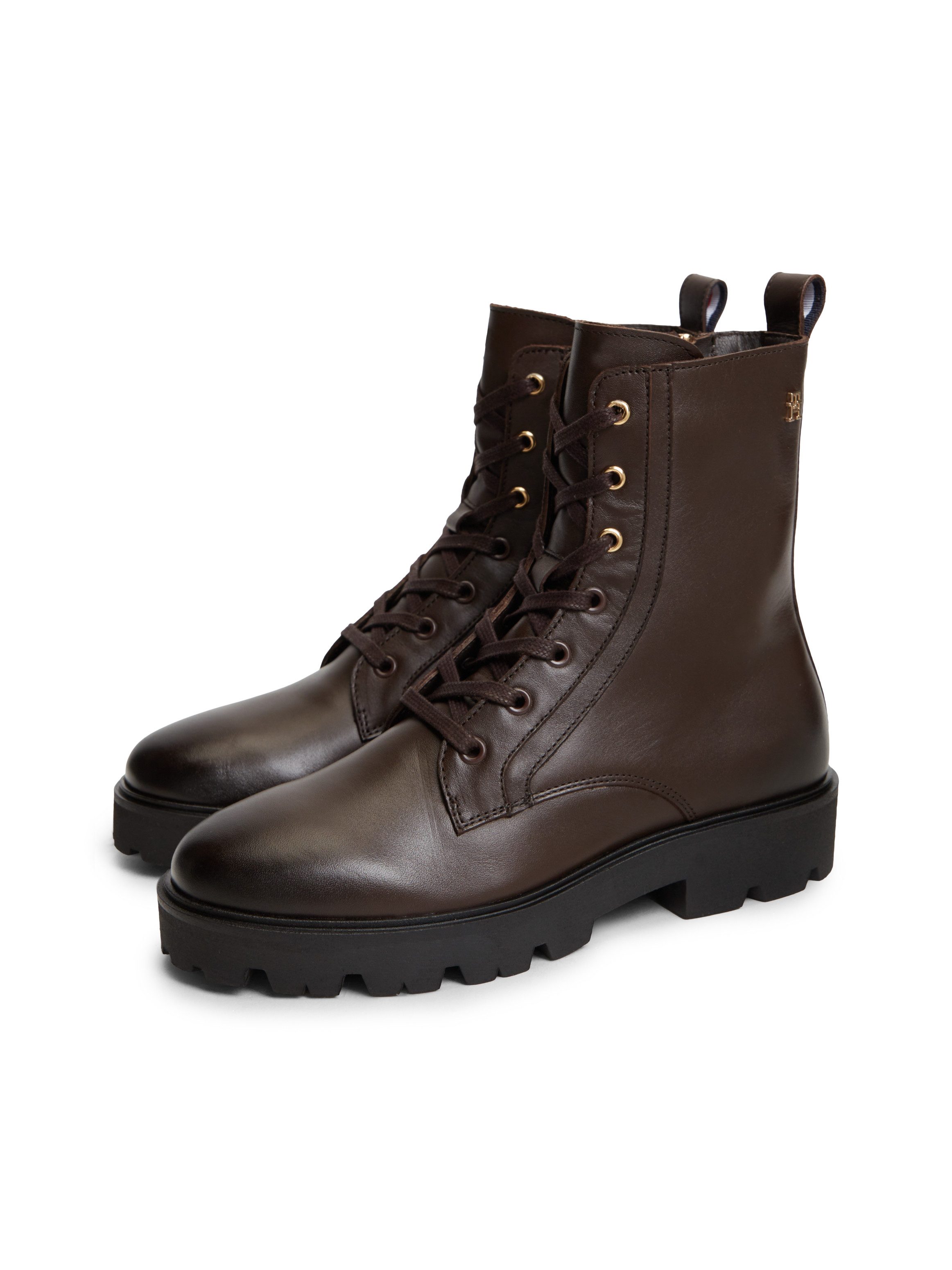 Tommy Hilfiger TH STUD LEATHER LACE-UP BOOT Schnürstiefelette Blockabsatz, Schnürboots mit zusätzlichem Innenreißverschluss
